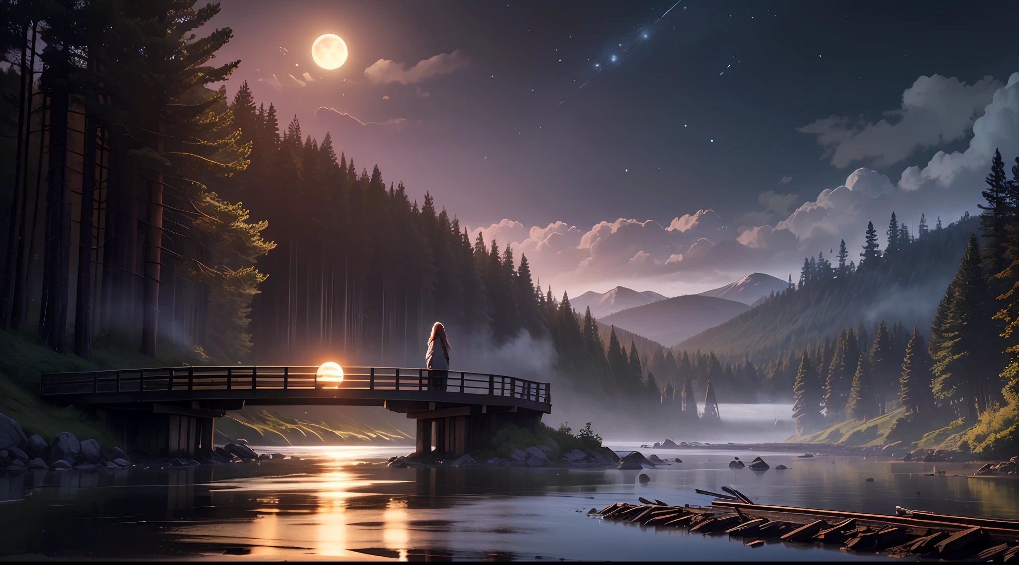 a huge wooden bridge in an ultra realistic forest with mountains around and huge trees with mists on the ground and fireflies and lights between the trees a sky co a shining moon and a woman with long hair on the coast on the bridge watching the moonlight image in 8k ultra realistic --auto