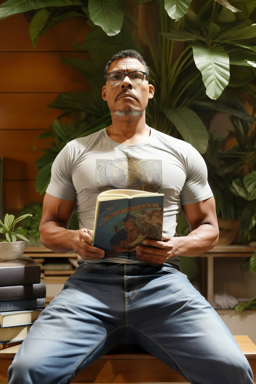 guttonerdvision10, um homem sentado ao lado de uma arvore, in jeans and t-shirt, lendo um livro, pixiv, intrincate, alphonse mucha style