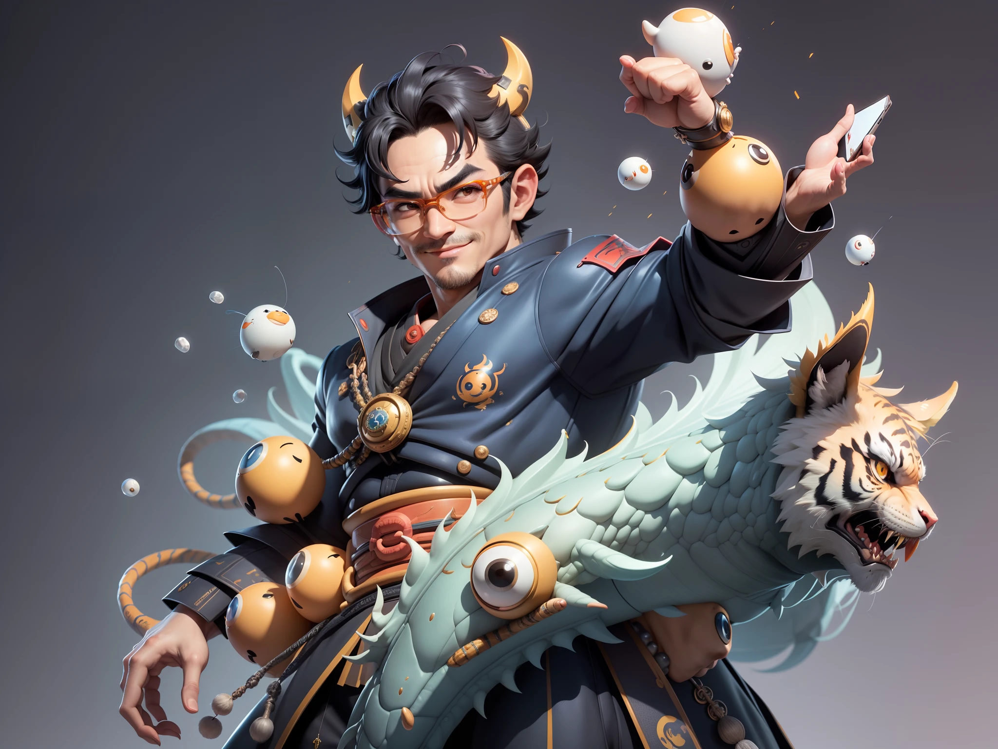 (Masterpiece), (Excellent), (Super Meticulous), (Full Body: 1.2), Super Young Man with Japanese Female Geisha, Pretty, Beautiful, Chinese Dragon, Tiger, Wind God Thor, Sexy, Bursting, Oriental Face, TV Anchor, Bust Portrait Illustration, Black Suit, Blue Tie, Slightly Chubby Face, Silver Glasses, Very Clean Face, No Beard on Chin, Black Super Short Hair, Black Eyes, Confident Smile, 3c Computer Sub-Products, iPad, iPhone, Digital Painting, 3D character design by Mark Clairedon and Pixar and Hayao Miyazaki and Akira Toriyama, the illustrations are HD illustrations in 4K resolution with highly detailed facial features and cartoon-style visuals.
