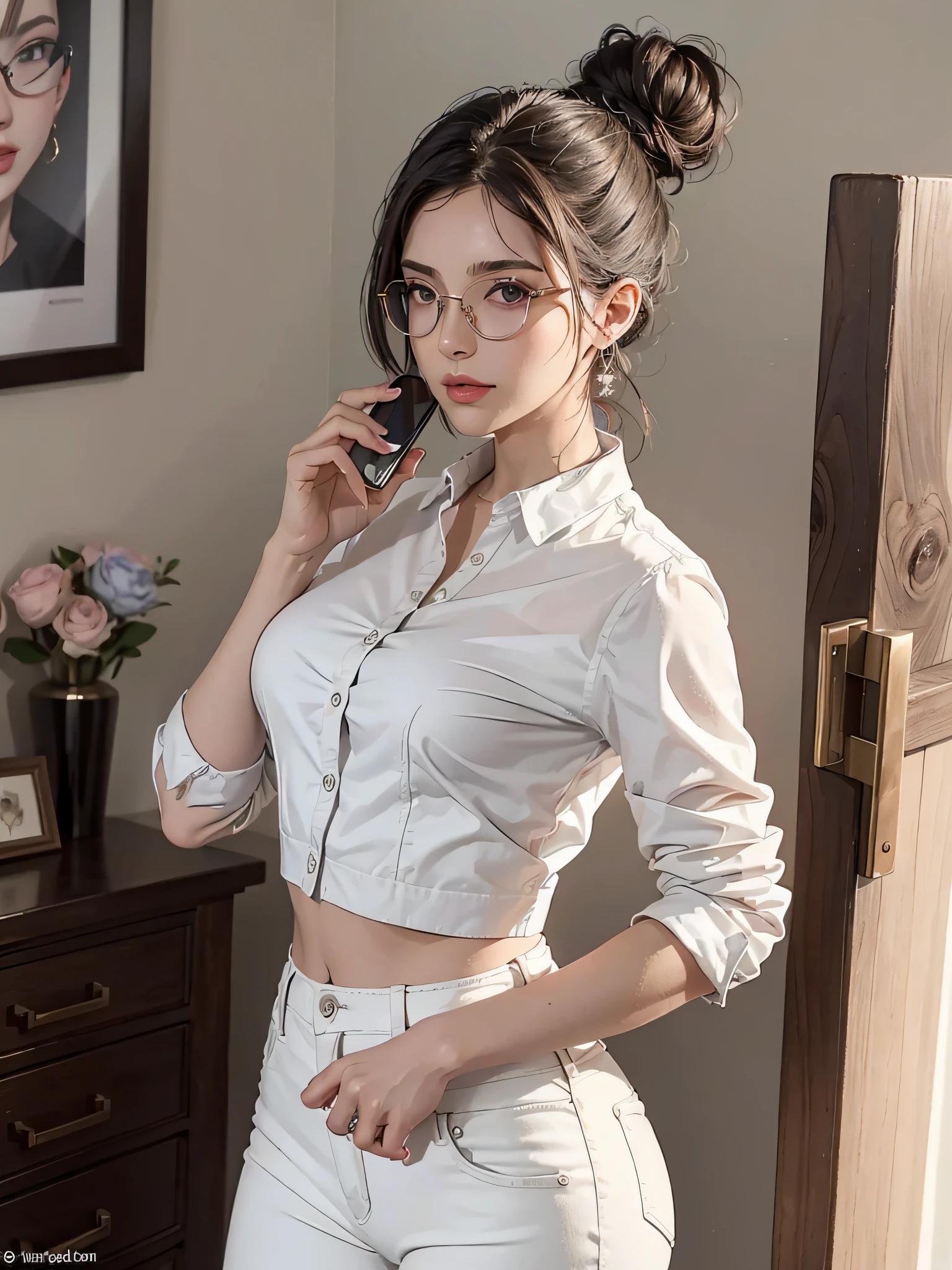 parte superior del cuerpo: 1.2 1girl, obra maestra, mejor calidad, ultra detallado, illustration, ojos finamente detallados y cara detallada) Ropa: Tight pants, camisa blanca con escote, medias color blanco, anillo de bodas, Apariencia: Short black hair in a low, clean bun, maquillaje natural, (ojos morados: 1.05), gafas blancas, caderas anchas, senos masivos, besando un hombre adult , seductor, maternal, at_the_CEO_office, mirando al espectador, curvilíneo, voluptuoso, cuerpo completo, CEO lady, (mujer madura, milf: 1.1), Talking on the phone, en el pasillo de una casa, with a phone in hand,