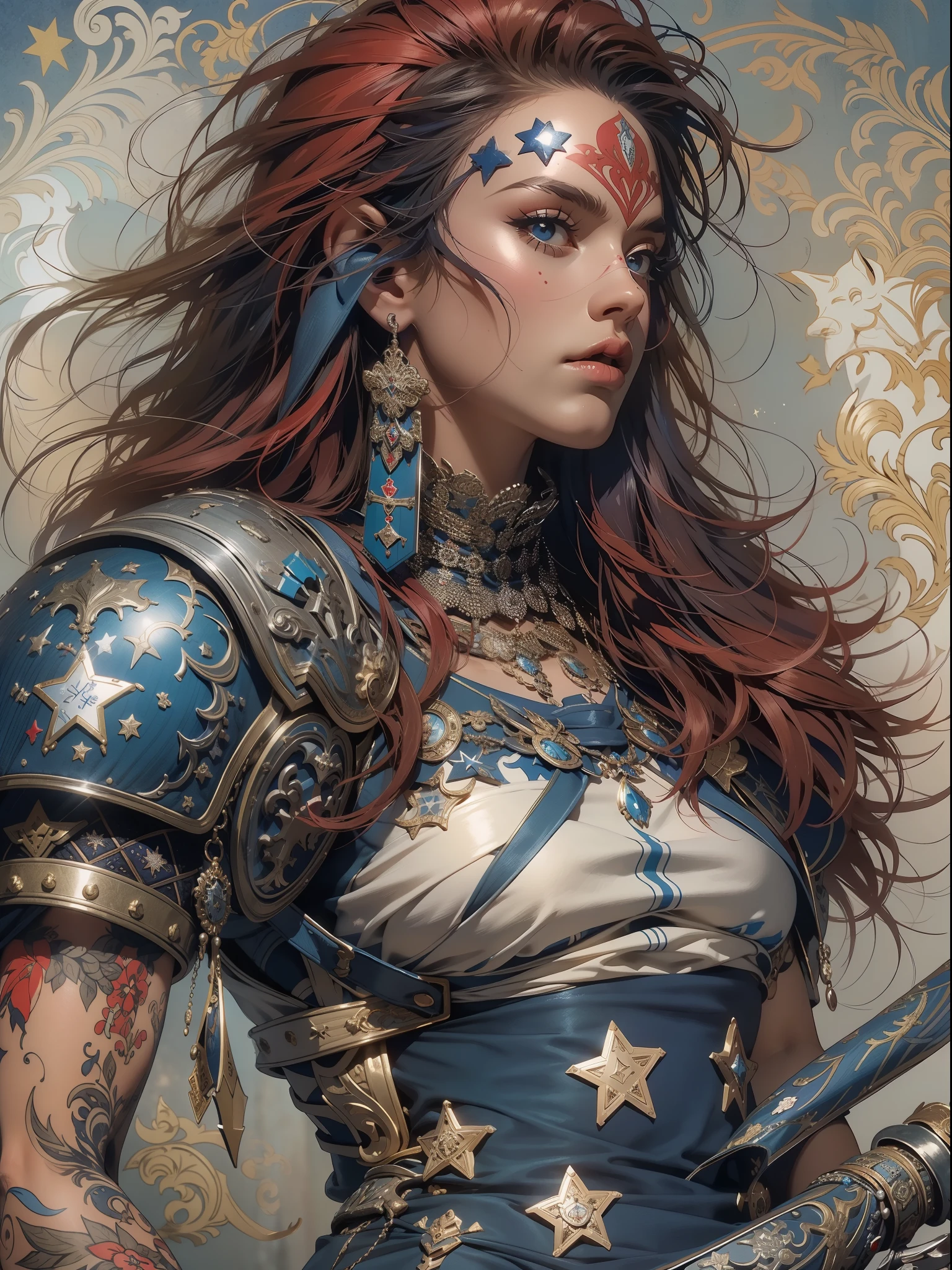 (((mulher))), (((melhor qualidade))), (((obra prima))), (((adulto))), Uma guerreira mulher de 35 anos com corpo perfeito, Gladiadores do Brooklyn, (( sob os peitos )), quase nua no estilo selvagem urbano de Simon Bisley para a capa da revista Heavy Metal, cabelo loiro, Minimum clothing, Dark blue with white stars and red and white checkerboard pattern, armadura, cheio de pontas e rebites, tatuagem tribal, (((do joelho pra cima))), cabelo desalinhado