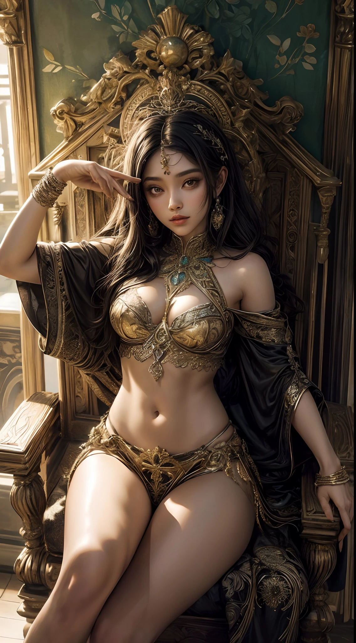 1sexy com roupas da florta, flor, folhas, Mandala, fractal,( morena com cabelo curto cacheado) (sentada no trono)