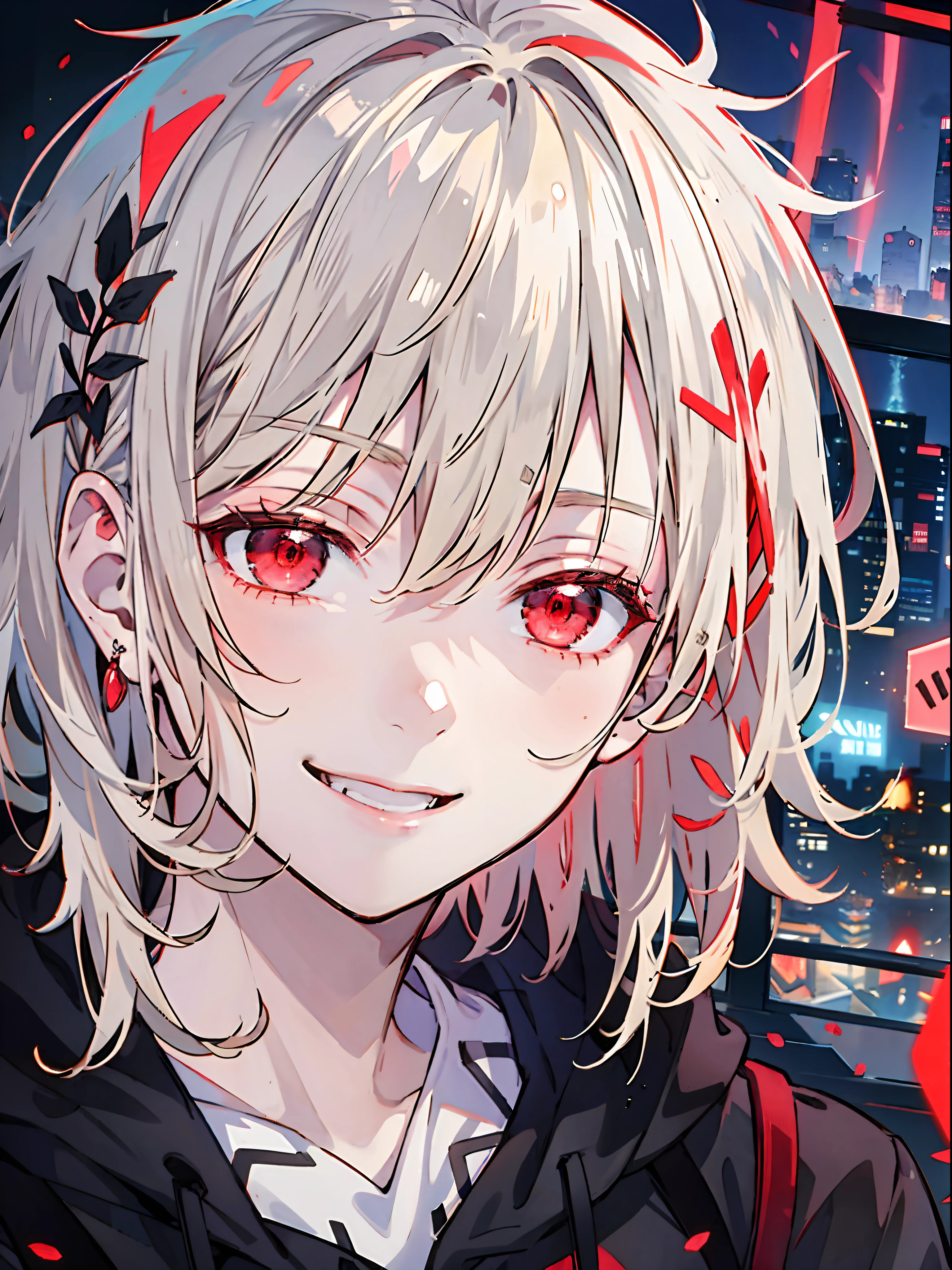 detailed background, masterpiece, best quality, smile, ornament, hoodie, portrait, red neon, graffiti, dark, night, glowing eyes, black light,platinum blonde,medium hair,red eyes