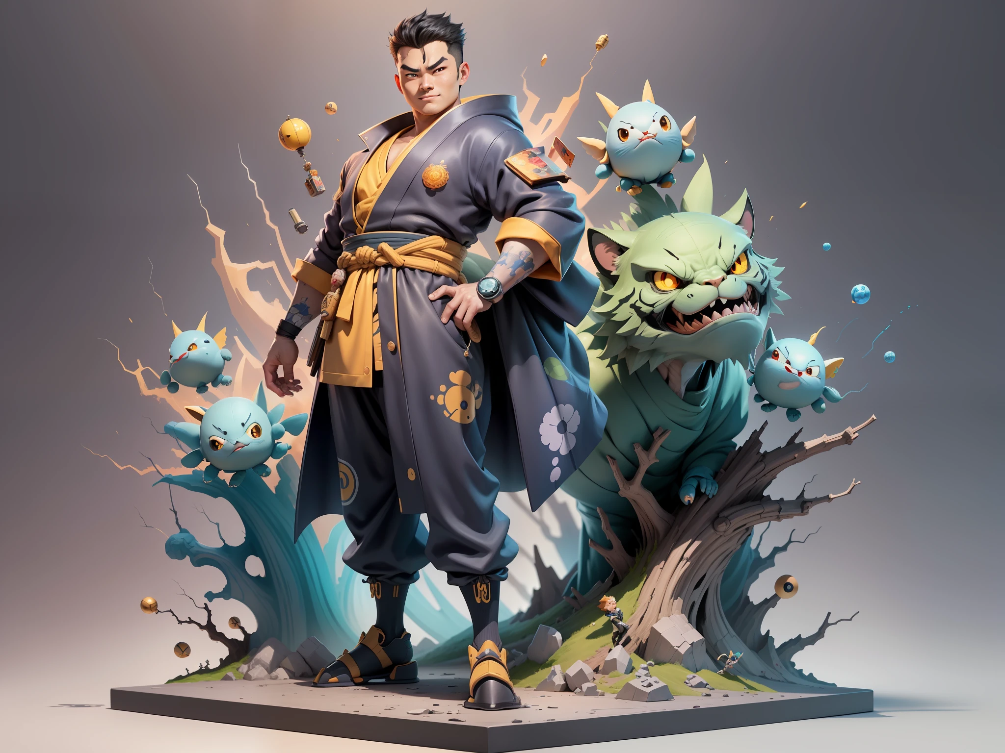 (Masterpiece), (Excellent), (Super Meticulous), (Full Body: 1.2), Super Young Man, Oriental Face, Japanese Kimono, Japanese Wind Thunder God, Dragon, Tiger, TV Anchor, Bust Portrait Illustration, Alone, Black Suit, Blue Tie, Slightly Chubby Face, Very Clean Face, No Beard, Black Super Short Hair, Black Eyes, Confident Smile, 3c Computer Sub-Products, iPad, iPhone, Digital Painting, 3D Character Design by Akira Toriyama and Mark Claireden and Pixar and Hayao Miyazaki, The illustration is a high-definition illustration in 4K resolution with very detailed facial features and cartoon-style visuals.