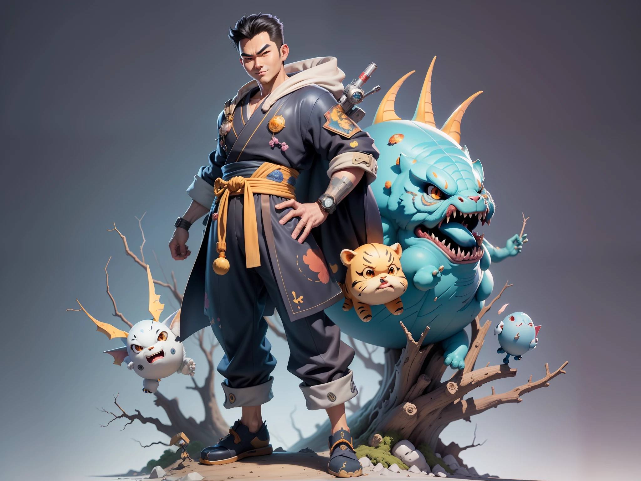 (Masterpiece), (Excellent), (Super Meticulous), (Full Body: 1.2), Super Young Man, Oriental Face, Japanese Kimono, Japanese Wind Thunder God, Dragon, Tiger, TV Anchor, Bust Portrait Illustration, Alone, Black Suit, Blue Tie, Slightly Chubby Face, Very Clean Face, No Beard, Black Super Short Hair, Black Eyes, Confident Smile, 3c Computer Sub-Products, iPad, iPhone, Digital Painting, 3D Character Design by Akira Toriyama and Mark Claireden and Pixar and Hayao Miyazaki, The illustration is a high-definition illustration in 4K resolution with very detailed facial features and cartoon-style visuals.
