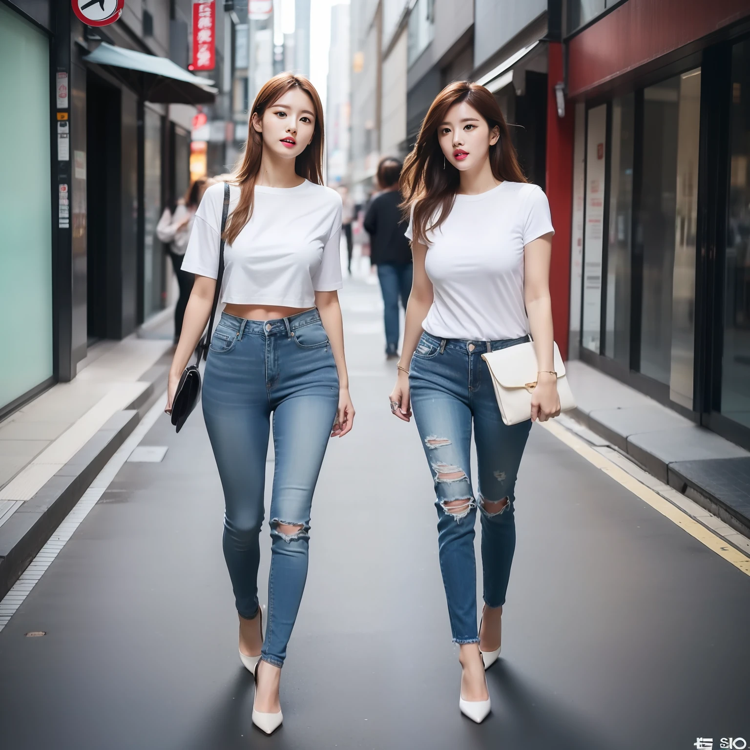 cute face, japan woman, 25 years, ginger hair, long hair, (silicon tits), makeup, athletic body, walking on street, tight white shirt and jeans, (low heels), solid colors