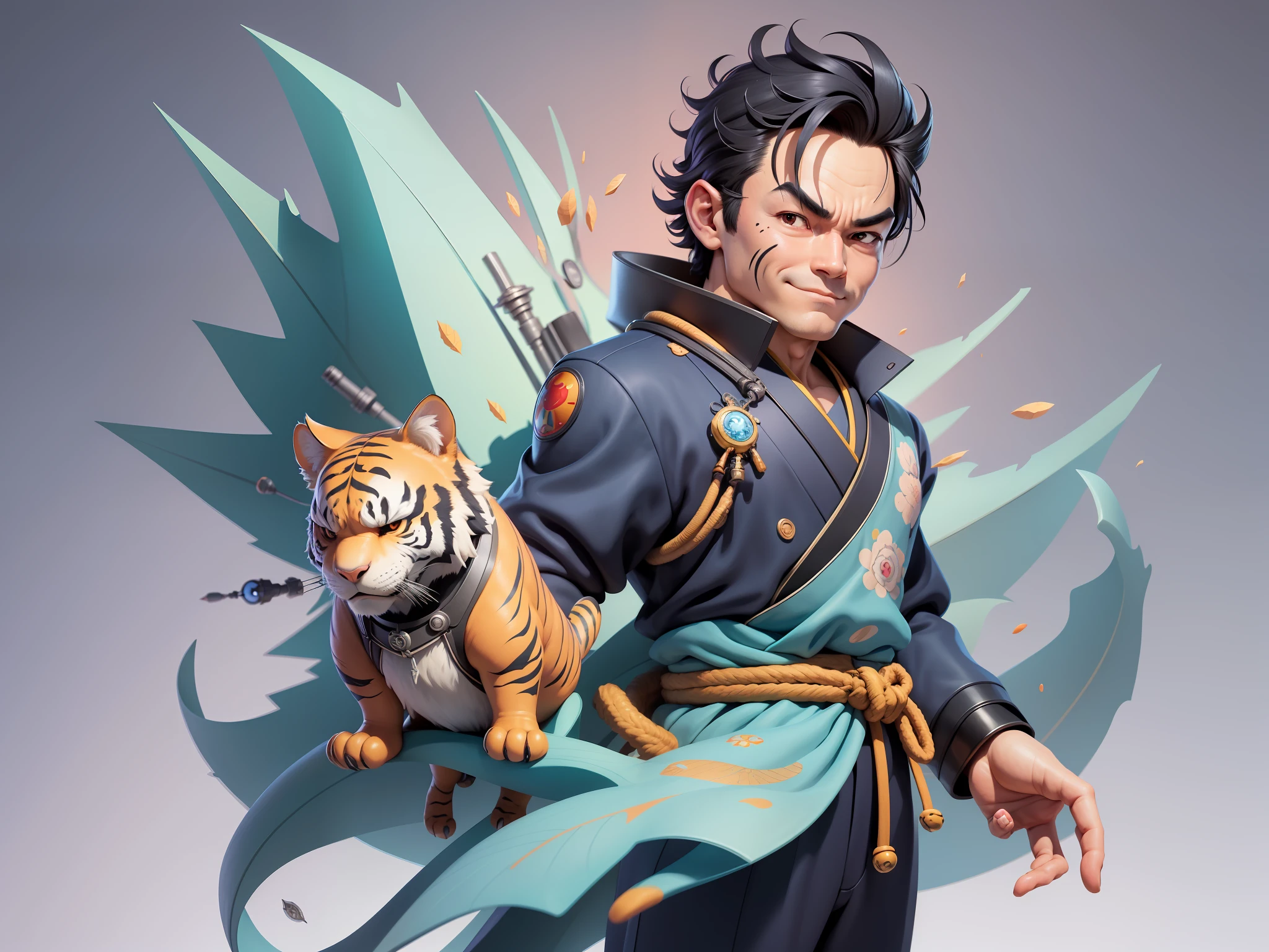 (Masterpiece), (Excellent), (Super Meticulous), (Full Body: 1.2), Super Young Man, Oriental Face, Japanese Kimono, Japanese Wind Thunder God, Dragon, Tiger, TV Anchor, Bust Portrait Illustration, Alone, Black Suit, Blue Tie, Slightly Chubby Face, Very Clean Face, No Beard, Black Super Short Hair, Black Eyes, Confident Smile, 3c Computer Sub-Products, iPad, iPhone, Digital Painting, 3D Character Design by Akira Toriyama and Mark Claireden and Pixar and Hayao Miyazaki, The illustration is a high-definition illustration in 4K resolution with very detailed facial features and cartoon-style visuals.