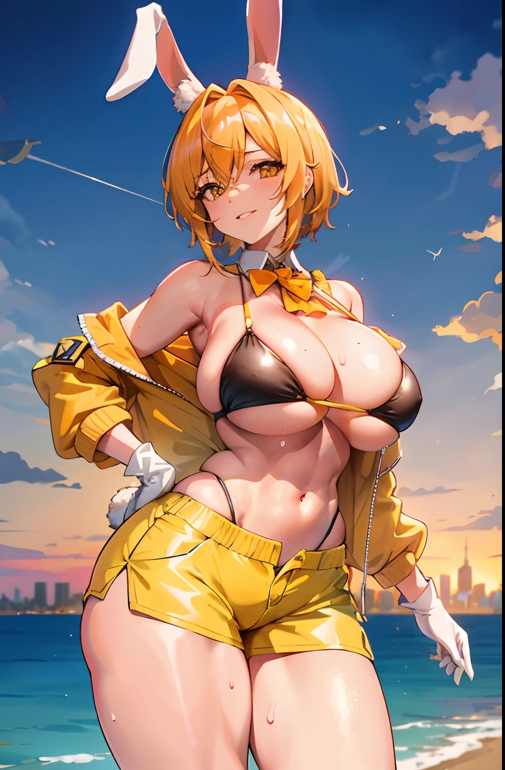 bremerton_\（Scorching hot_training）\_\（azur_lane）\， 1girll，big cleavage breasts， under boobs， sweat leggs， shirts lift， Rabbit ears，1girll， Huge breasts， Yellow Bikini， nabel， the sunset， Clouds， Thighs, thighs， mostly cloudy sky， Covered with， 鎖骨， orange skies， Skysky， 独奏， looking at viewert， upper legs，Rabbit ears， Yellow eyes， Yellow shorts， dress in yellow， thick thight， parted lip，， exposed bare shoulders， Yellow-haired， the ocean， short detailed hair， Abs， high legs， Yellow shirt， shorter pants， shorter pants， yellow hair ribbon， Yellow jacket， eventide， curving， exteriors， cparted lips， lip bite， a skirt， highlegpanties， standing on your feet， areola of breast， forehead， Areola Slip， stomach， cropped shoulders， view over city， Harnes， gradient sky， horizon， Black legs， mitts， Be red in the face， nip， cow boy shot， ssmile， dent in the skin， shades， orange sweater， a matural female， yellow gloves， Wide buttock， swim wears， at twilight， Fay from Cowboy Bibop's Valentine's Day，fey