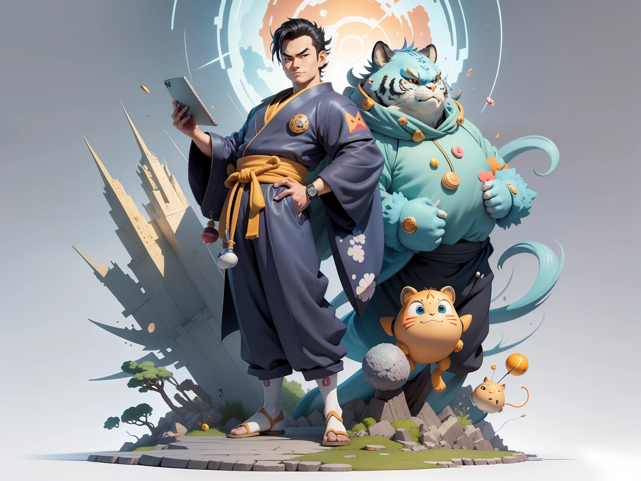 (Masterpiece), (Excellent), (Super Meticulous), (Full Body: 1.2), Super Young Man, Oriental Face, Japanese Kimono, Japanese Wind Thunder God, Dragon, Tiger, TV Anchor, Bust Portrait Illustration, Alone, Black Suit, Blue Tie, Slightly Chubby Face, Very Clean Face, No Beard, Black Super Short Hair, Black Eyes, Confident Smile, 3c Computer Sub-Products, iPad, iPhone, Digital Painting, 3D Character Design by Akira Toriyama and Mark Claireden and Pixar and Hayao Miyazaki, The illustration is a high-definition illustration in 4K resolution with very detailed facial features and cartoon-style visuals.