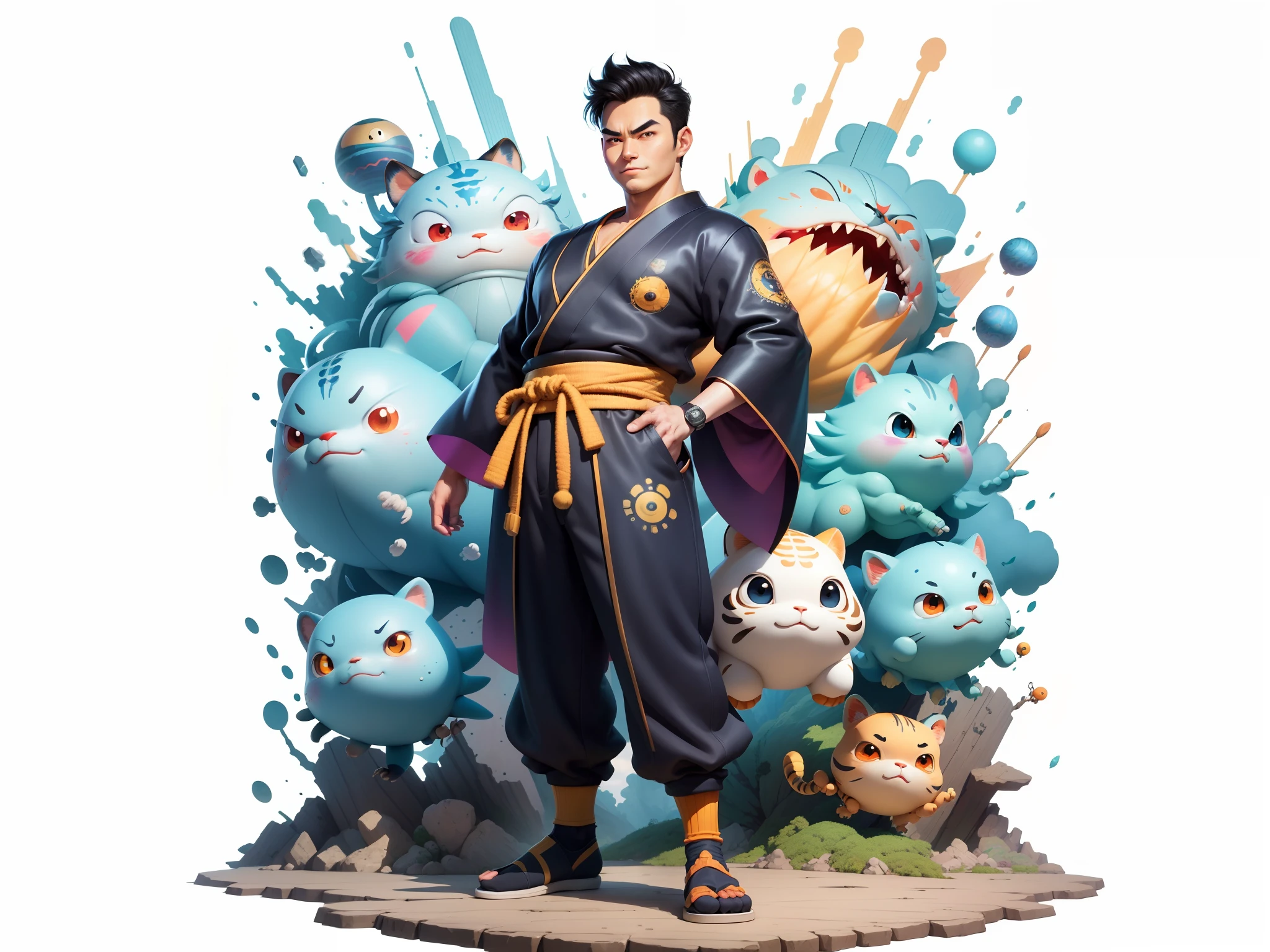 (Masterpiece), (Excellent), (Super Meticulous), (Full Body: 1.2), Super Young Man, Oriental Face, Japanese Kimono, Japanese Wind Thunder God, Dragon, Tiger, TV Anchor, Bust Portrait Illustration, Alone, Black Suit, Blue Tie, Slightly Chubby Face, Very Clean Face, No Beard, Black Super Short Hair, Black Eyes, Confident Smile, 3c Computer Sub-Products, iPad, iPhone, Digital Painting, 3D Character Design by Akira Toriyama and Mark Claireden and Pixar and Hayao Miyazaki, The illustration is a high-definition illustration in 4K resolution with very detailed facial features and cartoon-style visuals.