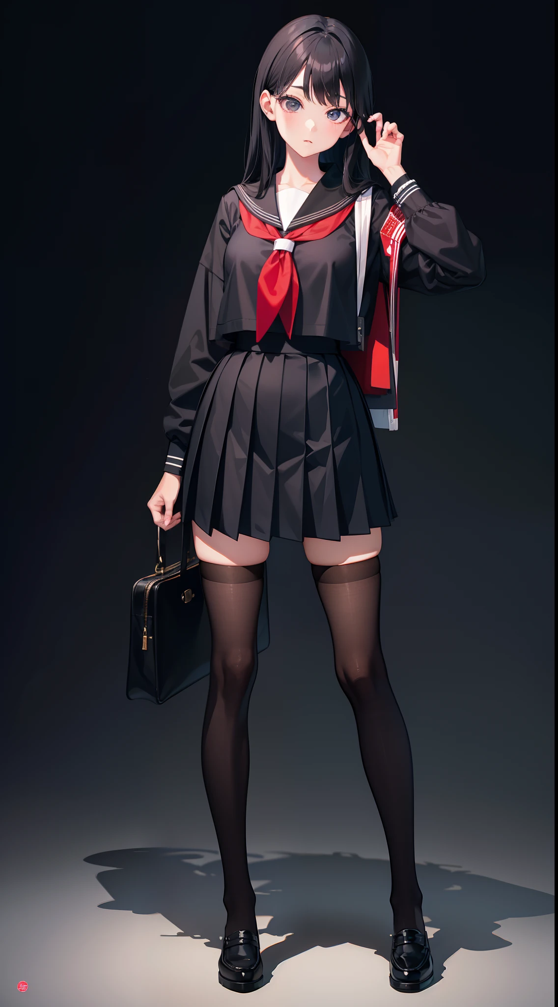 Black hair, black lence stockings, Japanese schoolgirl uniform, surrealism, 8K, Super detail