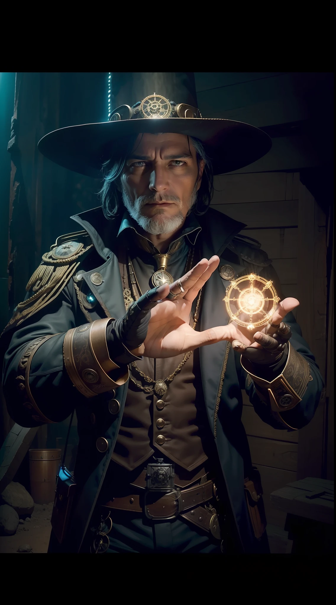 Un hechicero steampunk futurista, haciendo conjuros con las manos, Lights emerge from his hands forming symbols of ancient magic, Dark atmosphere of an old, dusty cabin, cinematography lighting, Movie poster style, obra maestra, Hyper detailed composition, ultra realista, profesional photography, 8k