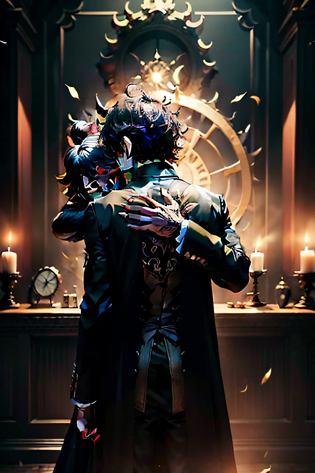 Victorian boy Victorian male costume Short black anime style hair Qilin wooden mask Mask of Victorian folklore Elegant Victorian style 19th century male costume Classic elegance with folk twist Mysterious figure with wooden mask 19th century fashion details Mix of Victorian styles and anime Young people with face mask inspired by myths Victorian mystery and fantasy Period clothing with folk twist Facial expression hidden under Victorian mask MASK FULL FACIAL, FACCE MASK COMPLETE WITH SHADOWS BEHIND MAN AND MONSTERS AND DEMONS APOCALYPTIC BACKDROP, SOMBRIO, DARK BACKGROUND BEHIND THE MAN, SHADOWS HUG THE MAN, DEMON BLACK HOLE FACE ANIME MOE STYLE