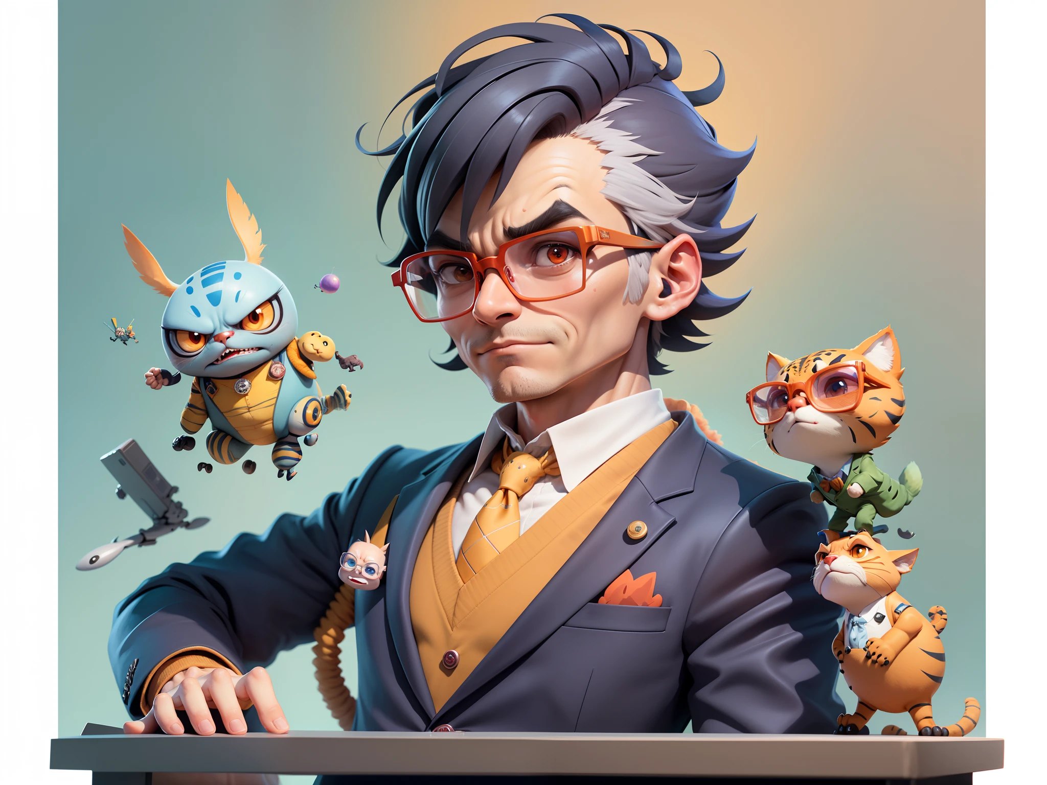A young man in a suit, Short hair and glasses sat at his desk,holding laptop,digitial painting,tigre,3D character design by Mark Clairen and Pixar and Hayao Miyazaki and Akira Toriyama,4K HD illustration,Very detailed facial features and cartoon-style visuals。