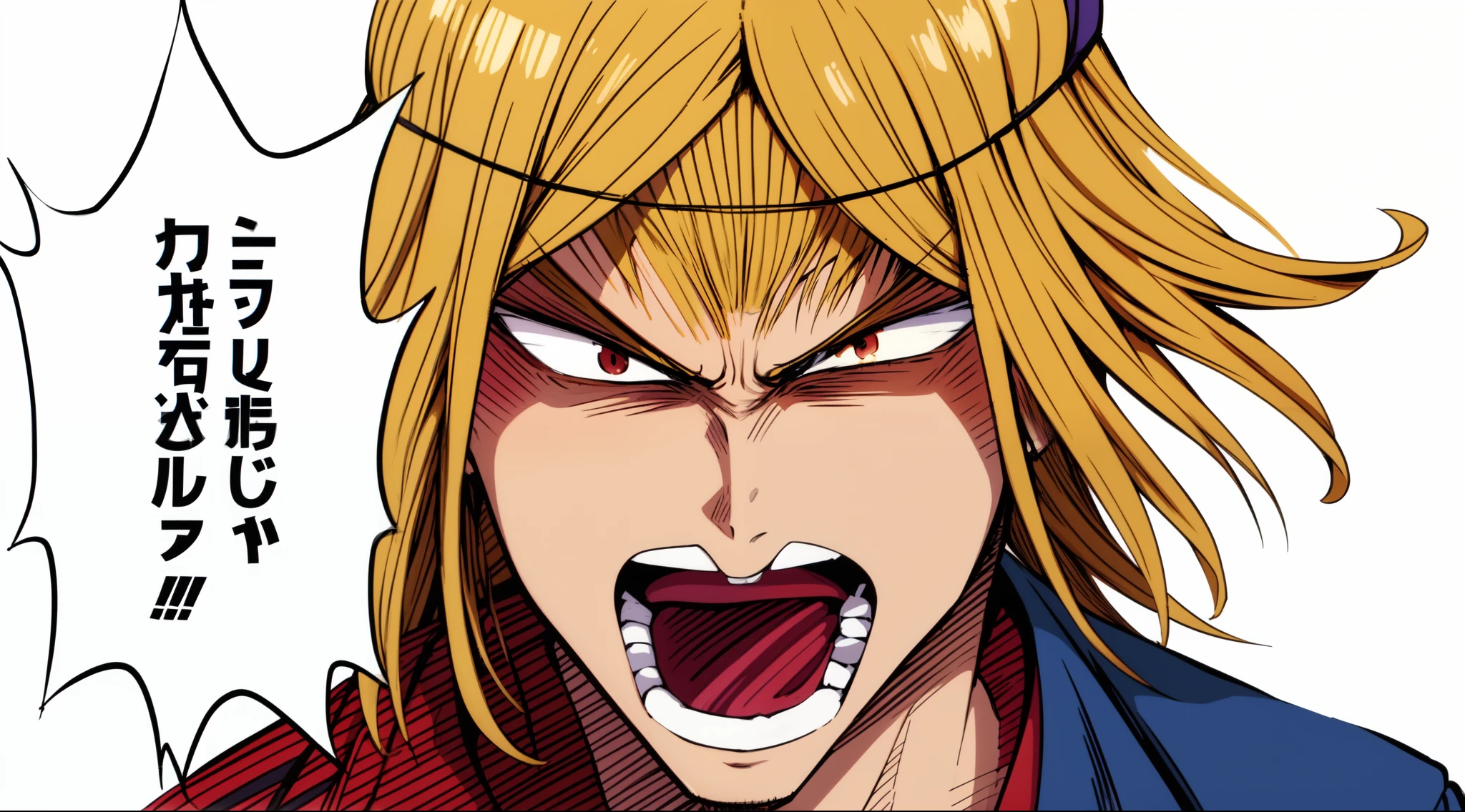 a anime of a boys manga, blonde hair color, angry, open mouth, white shirt, mini hairband, text manga, color manga, manga color, color manga, color manga panel, simple background