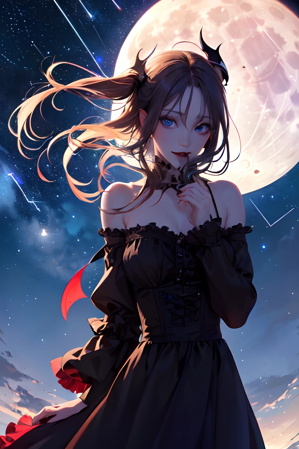 (8k RAW photo,best quality, masterpiece:1.2), (realistic,photo-realistic:1.2), cute and beautiful (vampire girl:1.3), eyes, big blue eyes, lots of frills, black long dress, (full moon, starry sky, shooting star:1.4), long hair blowing in the wind, bloom light effect, praying