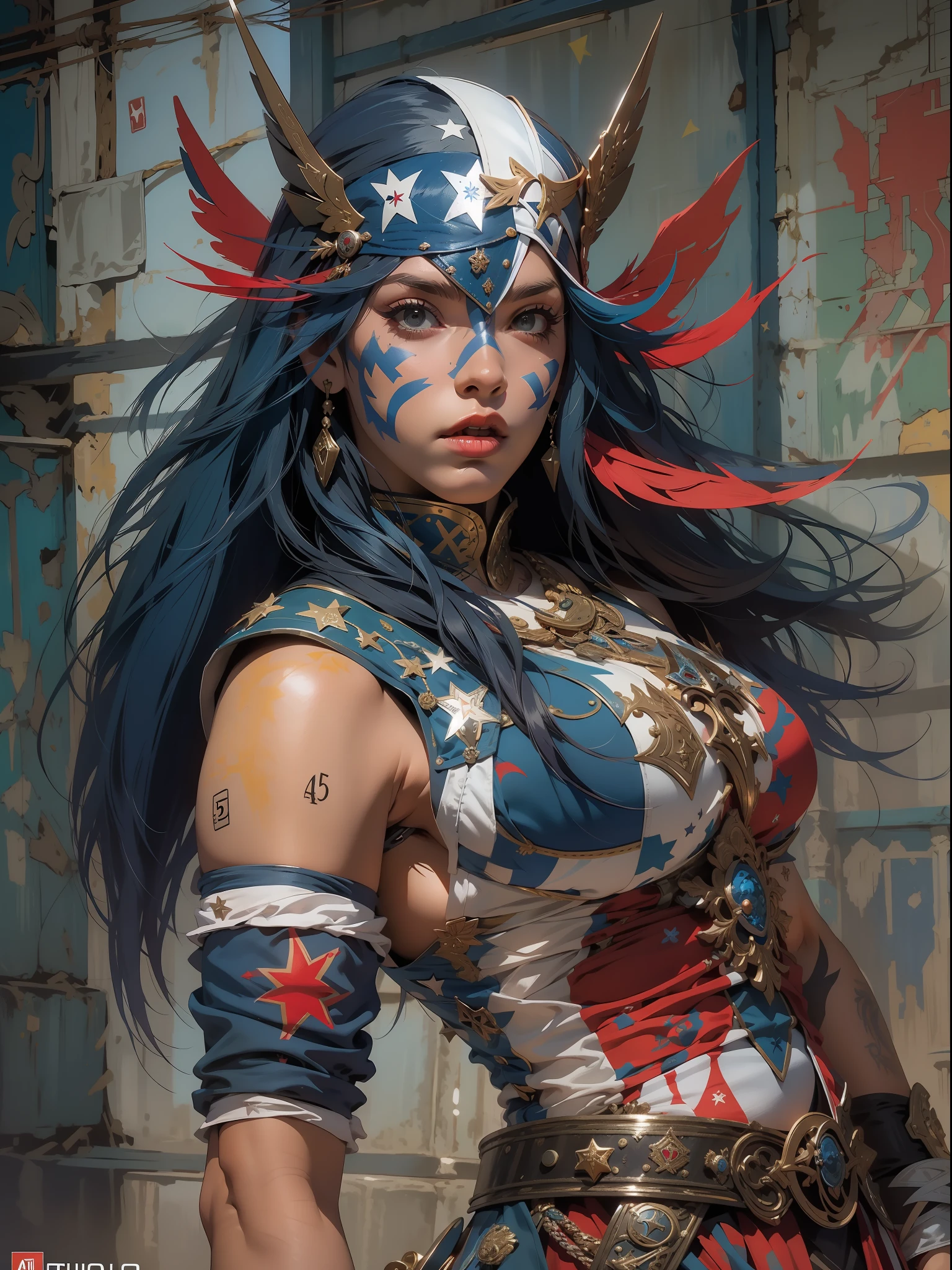 (((mulher))), (((melhor qualidade))), (((obra prima))), (((adulto))), Uma guerreira mulher de 35 anos com corpo perfeito, Gladiadores do Brooklyn, (( sob os peitos )), quase nua no estilo selvagem urbano de Simon Bisley para a capa da revista Heavy Metal, cabelo loiro, Minimum clothing, Dark blue with white stars and red and white checkerboard pattern, armadura, cheio de pontas e rebites, tatuagem tribal, (((do joelho pra cima))), cabelo desalinhado
