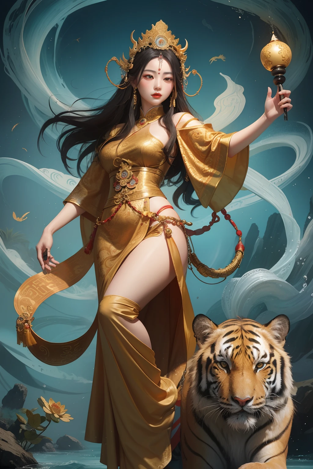 an ancient Chinese goddess, guanyin of the southern seas, Guanyin, Inspired by China, Avalokiteshvara rides a tiger,,Serene expression,shui mo hua,Buddha,Buddhist,Lotus,Chinese painting style,Thangka style