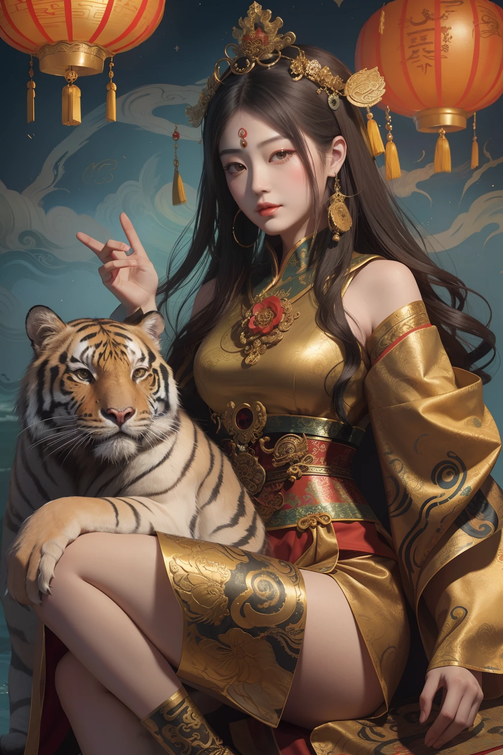 an ancient Chinese goddess, guanyin of the southern seas, Guanyin, Inspired by China, Avalokiteshvara rides a tiger，,Serene expression,shui mo hua,Buddha,Buddhist,Lotus,Chinese painting style,Thangka style