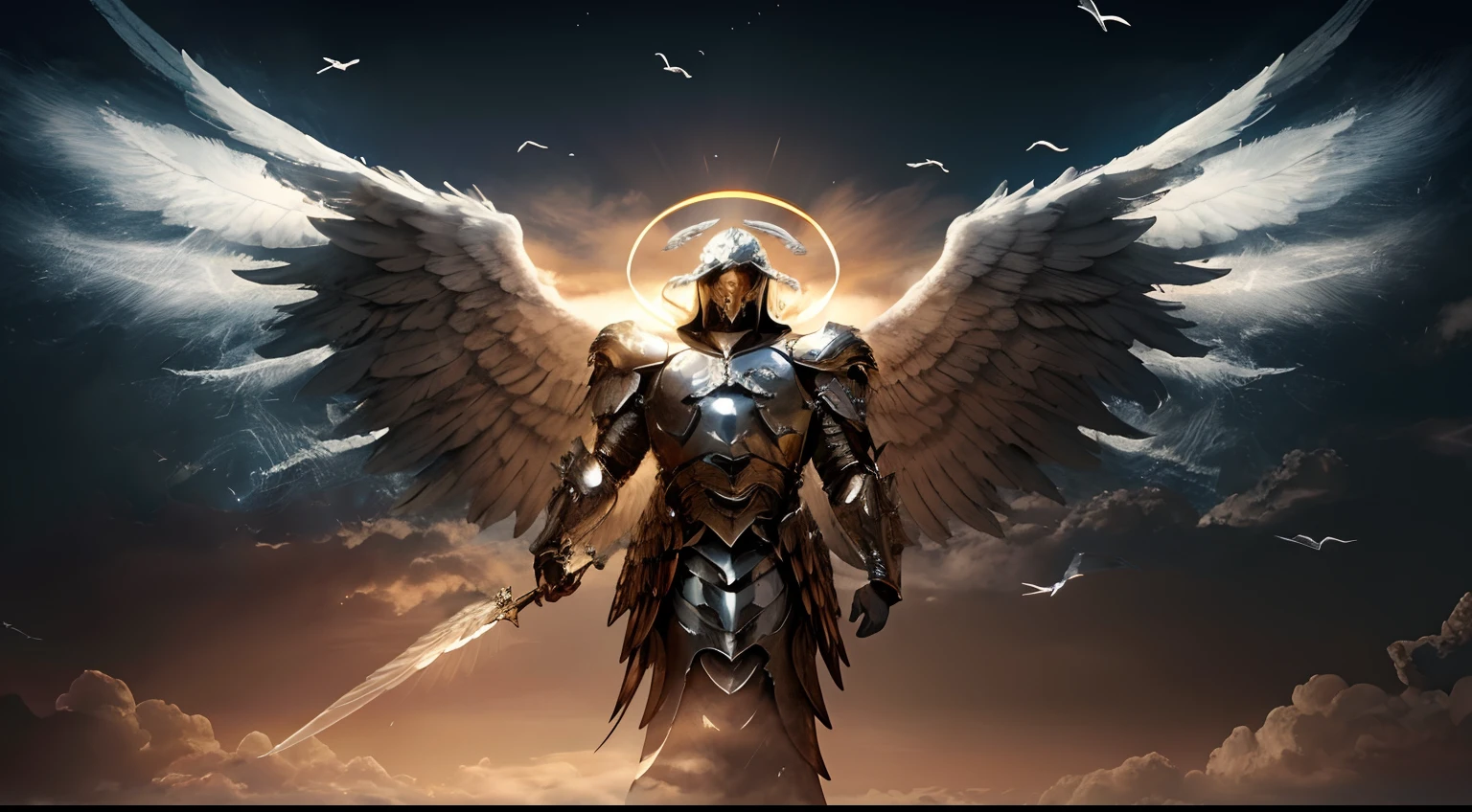 A man with wings in the sky with a halo, arcanjo, Arcanjo Miguel, Armadura Sagrada, Armadura Dourada Angelical, angel in plastic armor, the angel of death with a halo, epic angel wings, Um Anjo da Luz do Amanhecer, being brilliant angelic, Armor angle with wing, angelic, anjo super largo, angelic, anjo protegendo o homem, anjo