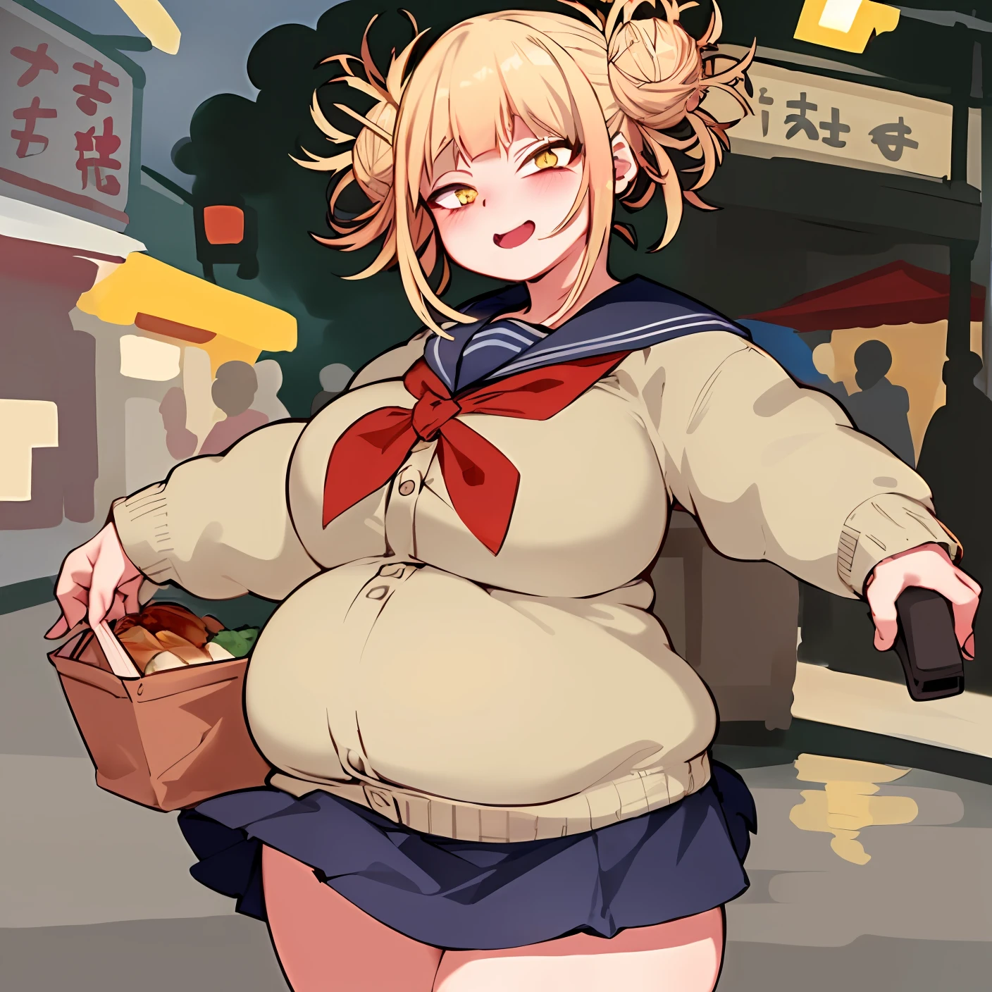 ​masterpiece, top-quality, 1girl, A detailed face, Himiko Toga, yellow  eyes, Light from behind, ultra-detailliert, grocery store, Lightning in the movie, happiness, (a closeup), Look at viewers、huge-breasted, cleavage、kawaii,Fat、chubby、fatness、エロ、steak