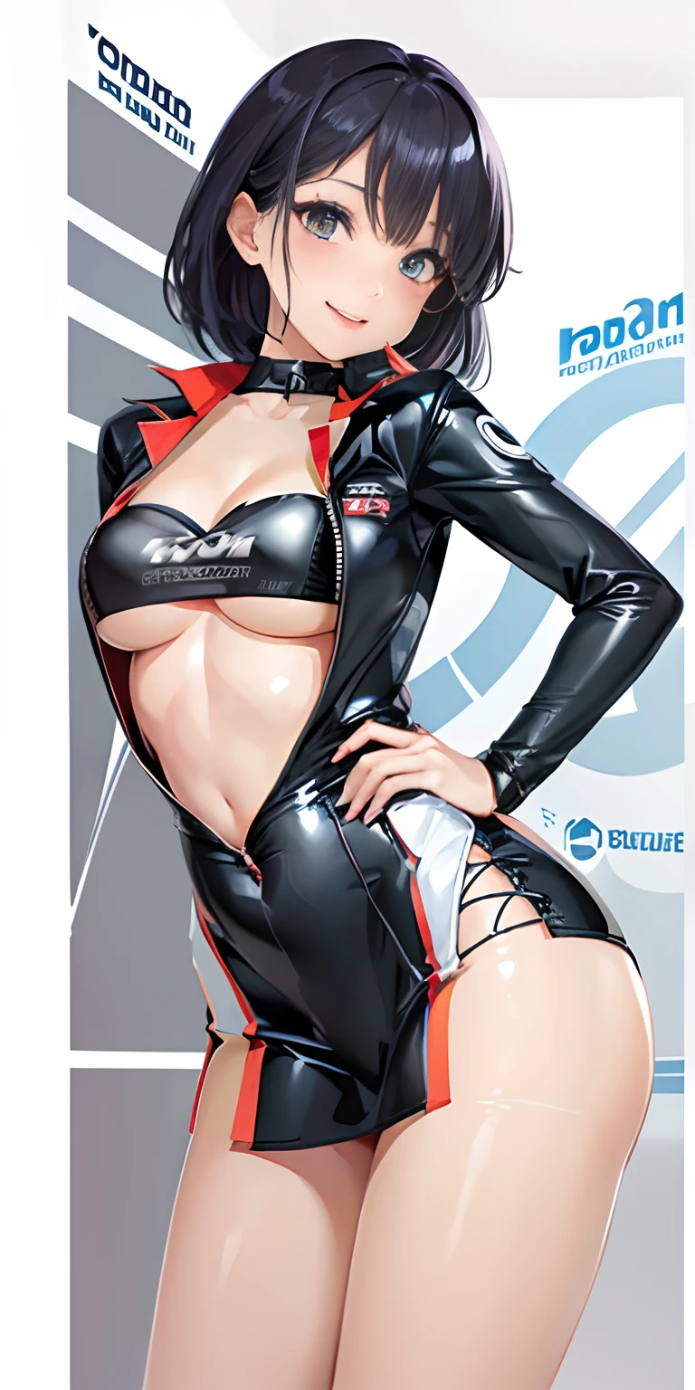 (masterpiece:1.6、top-quality)、(Fine and beautiful eyes: 1.2)、(looking-down)、hightquality、beautiful expression、cosplayer, Race Queen, Fancy makeup, 1girl in、Enamel Top Tube Tight Skirt、Leather Racing Jacket, Colossal tits, long, wide-hips, (sideways Facing, ), Street, Racing Circuit, racing car, detailedbackground,Little Devil's Smile、Laughter at the corners of his mouth、