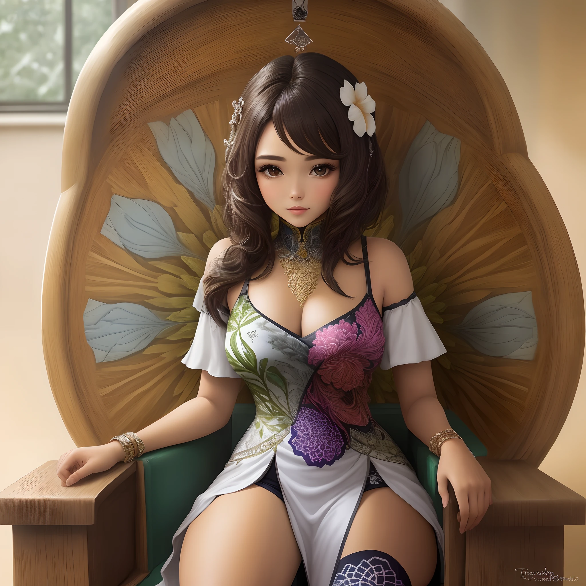 1sexy com roupas da florta, flor, folhas, Mandala, fractal,( morena com cabelo curto cacheado) (sentada no trono)