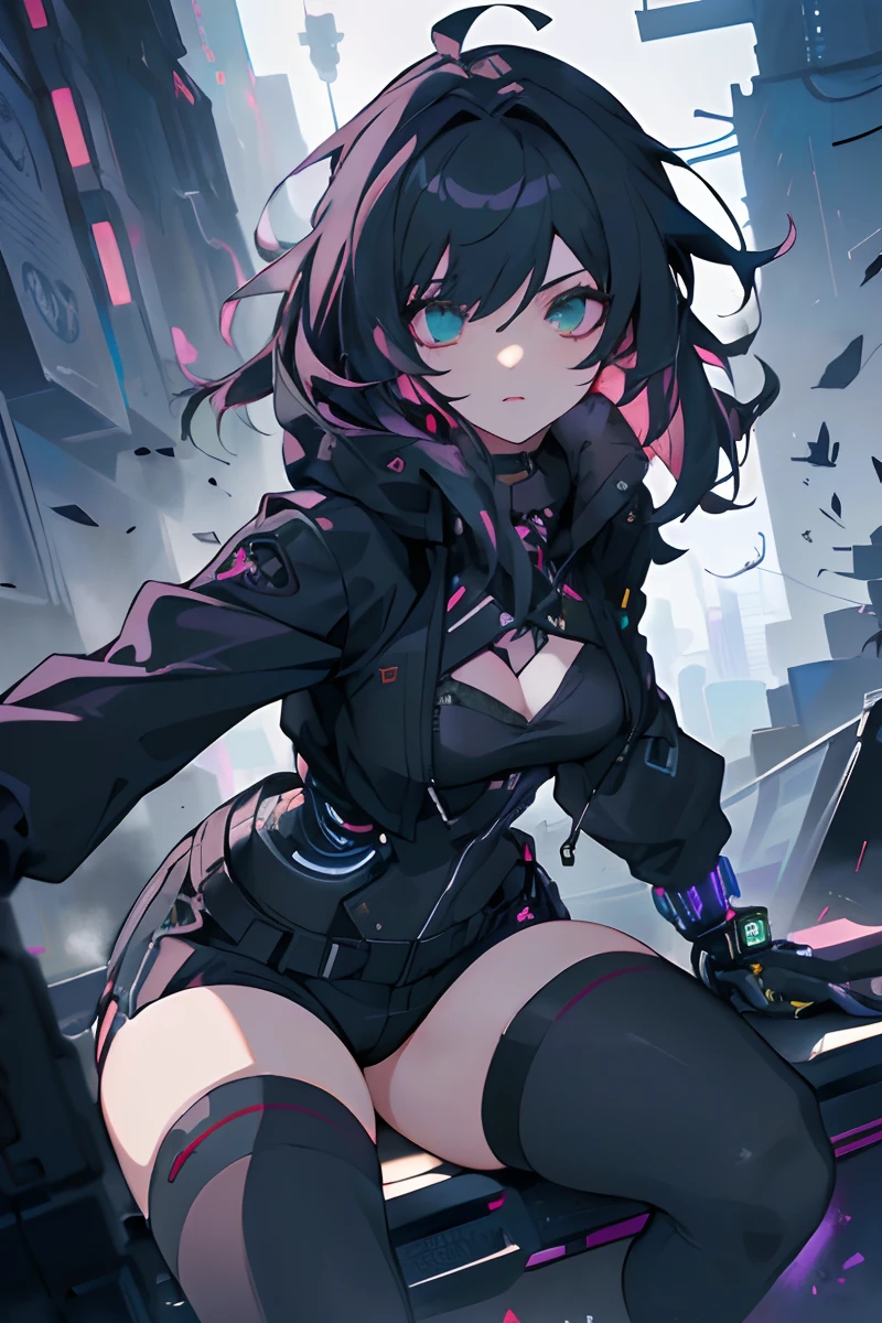 Menina anime com cabelo preto e olhos azuis sentada em um banco, cyberpunk menina anime mech, arte cyberpunk anime, garota Anime Cyberpunk, menina de Anime, Cyberpunk feminino, arte digital do Anime Cyberpunk, arte de Anime Cyberpunk, Anime cyberpunk moderno, Melhor Anime 4K Konachan Wallpaper, badass anime 8 k, cyberpunk digital - arte de anime, estilo anime 4K, Anime Cyberpunk, Cyberpunk, alta resolução, qualidade mais alta, illustration, ultra detalhado, (rosto detalhado), (olhos detalhados), neon lighting, melhor qualidade, noite, atmosfera cyberpunk, hiper detalhado, obra-prima, 1girl, solo, cabelo preto com faixas roxas, olhos azuis, olhos luminosos, middlebreasts, jaqueta de couro preta, shorts pretos, exposed abdome, top preto, chocker, punk, cyberpunk, maos roboticas, bracos roboticos, costelas roboticas, right arm with exposed wires, tall buildings in the background, industrial, urbano, Buildings, placas neon, futurista, dark, concreto, sidewalk, carros futuristas, favela