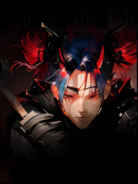A semi-realistic anime young man, red eyes, blue hair tied in four high ponytails that stick up and out, horns protruding from his forehead, sadistic, pointy teeth