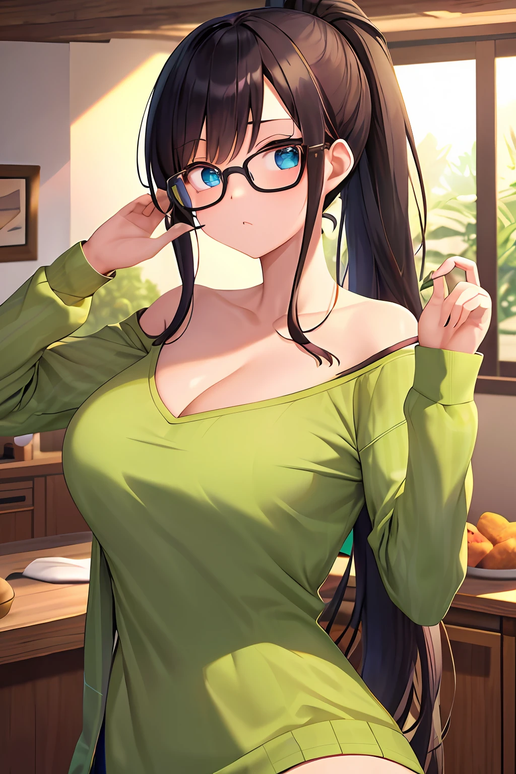 Masterpiece, Best quality, 1girll, Cave, nico robin, Indoors, Shiny skin,Large breasts ,Black long hair, Green and white stripes,  Striped shirt, Glasses, Upper body,  Large breasts, 鎖骨,  High ponytail,  V-neck, Long sleeves, necromunda, Blue eyes