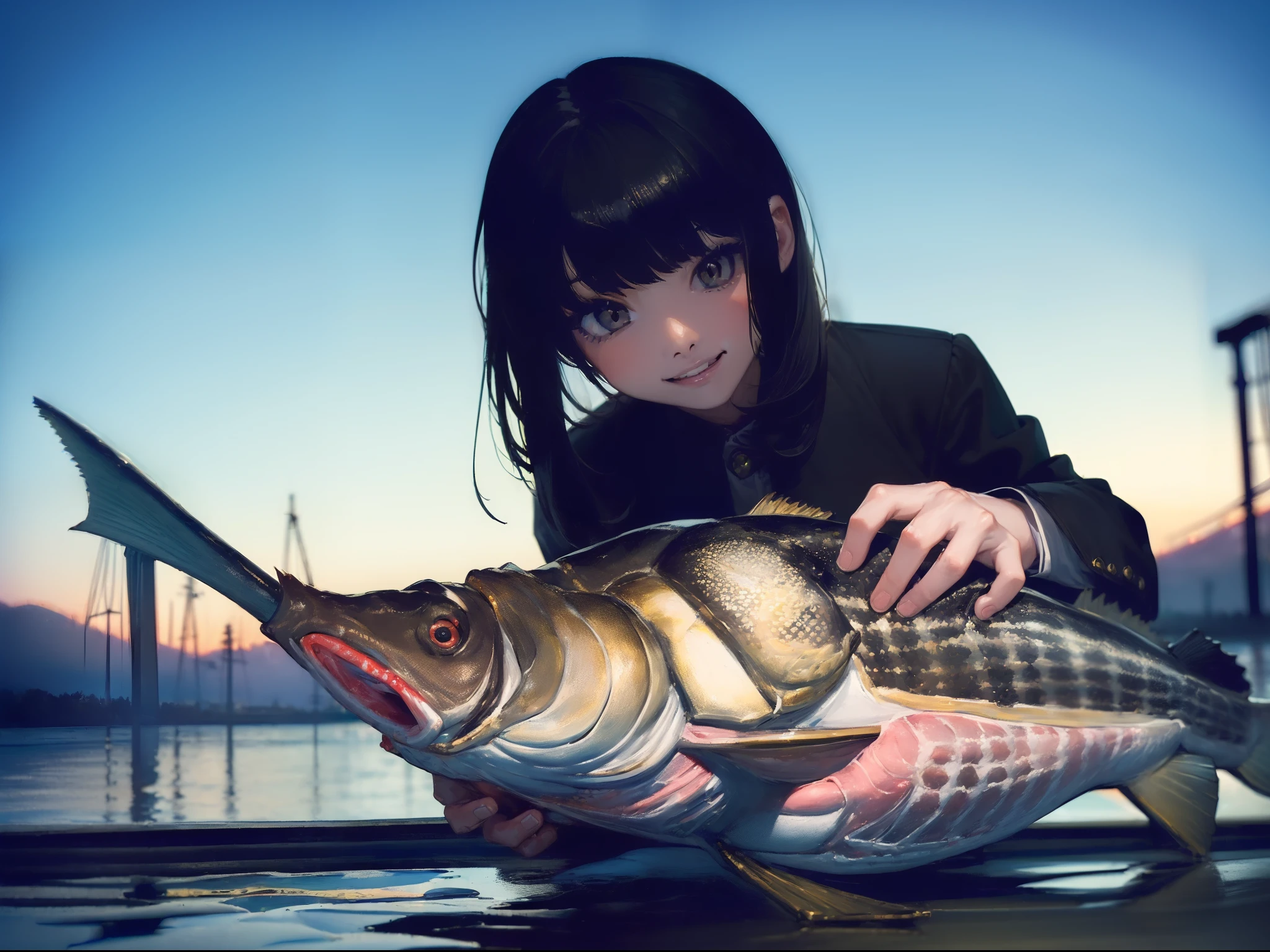 ((((Catch a big black bass by the lakeside:1.5)))),((1 Female 22 years old))((Best Quality, masterpiece :1.5)),(((Hands with the correct number and structure of fingers:1.4))),hight resolution,ultra-detailliert,masterpiece,best qualtiy,,Black hair, long eyeslashes, Solid Circle Eyes, Smiling Woman, drop shadow, Atmospheric perspective,Super Detail, ccurate, small brest,(Black jacket :1.1),top-quality, blurry backround, bokeh dof:1.2, (masterpiece:1.3), Atmospheric perspective,Super Detail,dynamic compositions