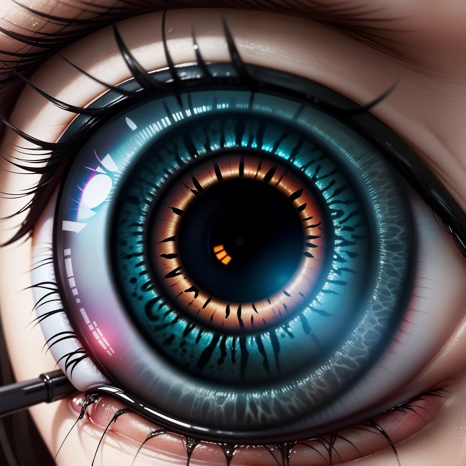 There is a closeup of a person's eye with a bright colored iris, eyes are colorful spirals, eye cyberpunk bionics, olhos de anime detalhados com pupilas, Foto do olho humano de Iris, glowing mechanical eye, alunos detalhados, piercing detalhado olhos realistas, olhos detalhados com pupilas, circunstanciado: cornea, circunstanciado : cornea,