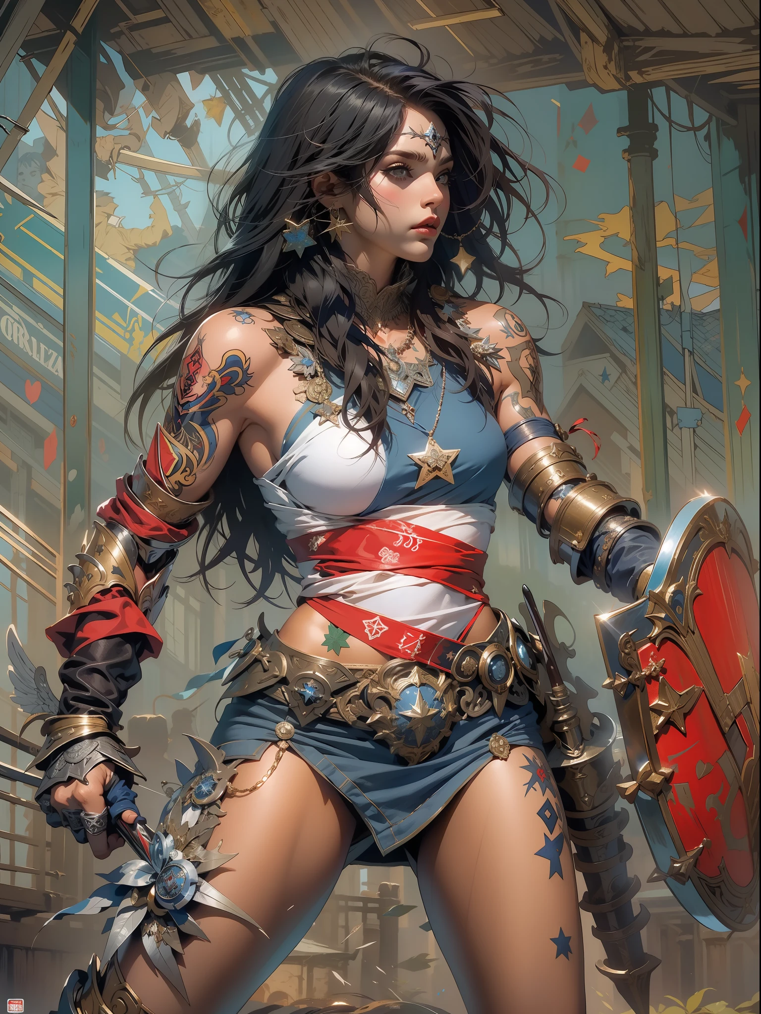 (((mulher))), (((melhor qualidade))), (((obra prima))), (((adulto))), Uma guerreira mulher de 35 anos com corpo perfeito, Gladiadores do Brooklyn, (( sob os peitos )), quase nua no estilo selvagem urbano de Simon Bisley para a capa da revista Heavy Metal, cabelo loiro, Minimum clothing, Dark blue with white stars and red and white checkerboard pattern, armadura, cheio de pontas e rebites, tatuagem tribal, (((do joelho pra cima))), cabelo desalinhado