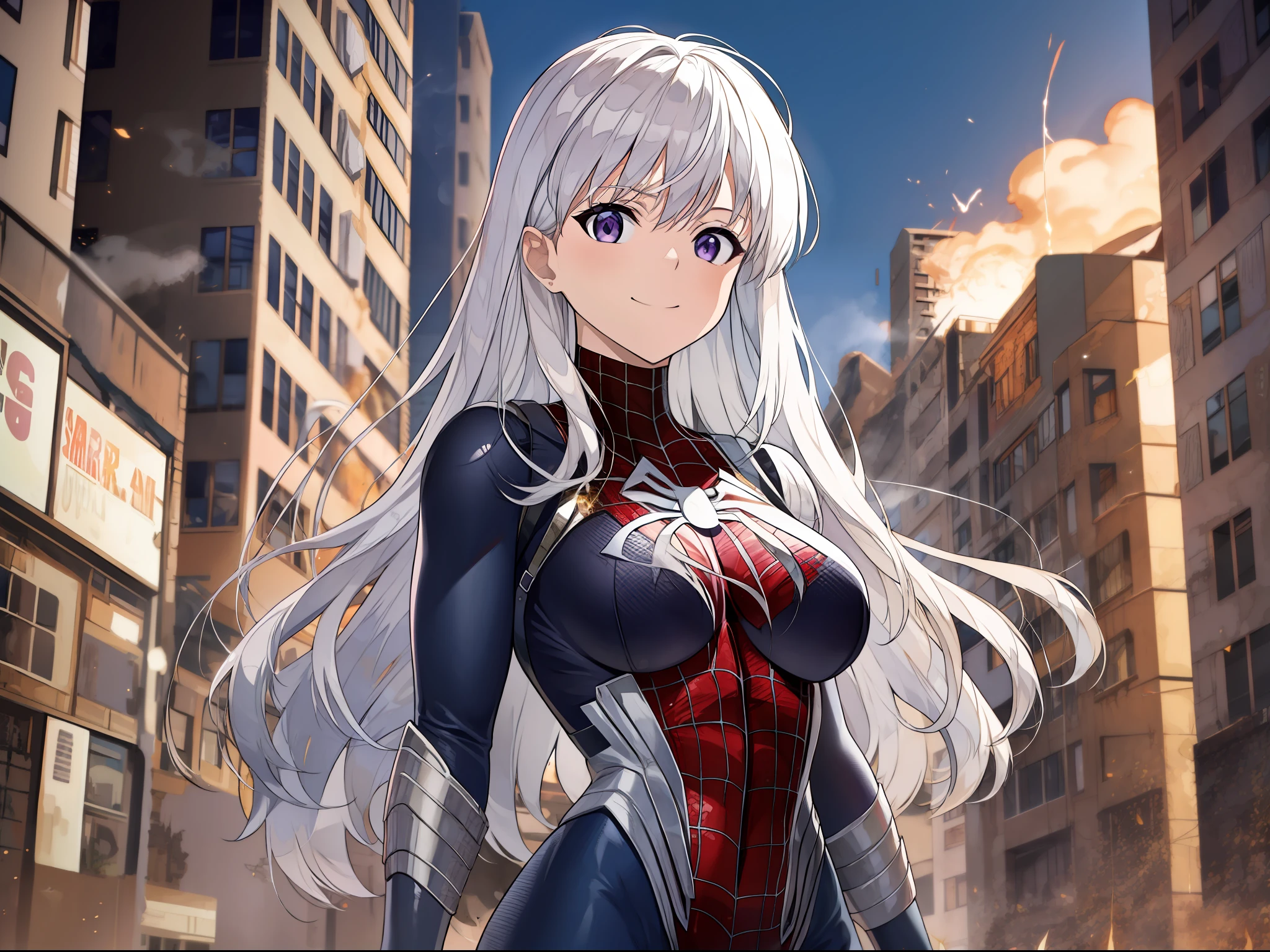 Enterprise in detailed Spider-Man costume,big breasts,superhero pose,standing in ruined city,smoke,sparks,(8k),scratches,close-up,detailed face,white hair,purple eyes,long hair,embarassed,small smile face, a bow with arrows,