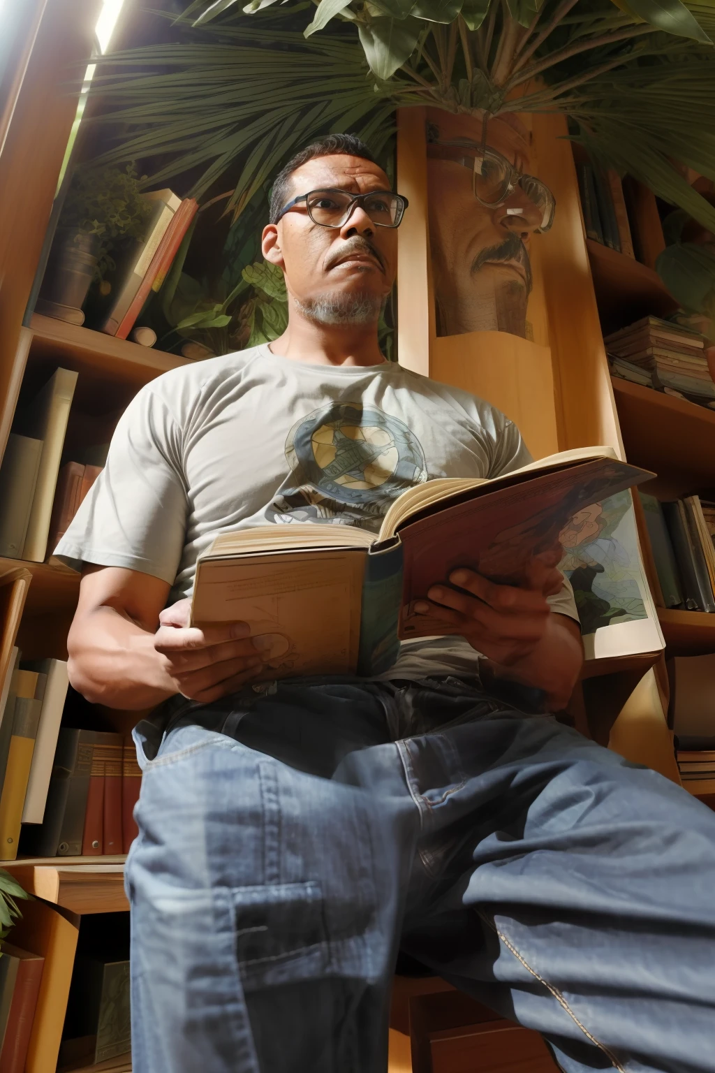 guttonerdvision10, um homem sentado ao lado de uma arvore, in jeans and t-shirt, lendo um livro, pixiv, intrincate, alphonse mucha style, scientific fiction, golden, vintage, low key