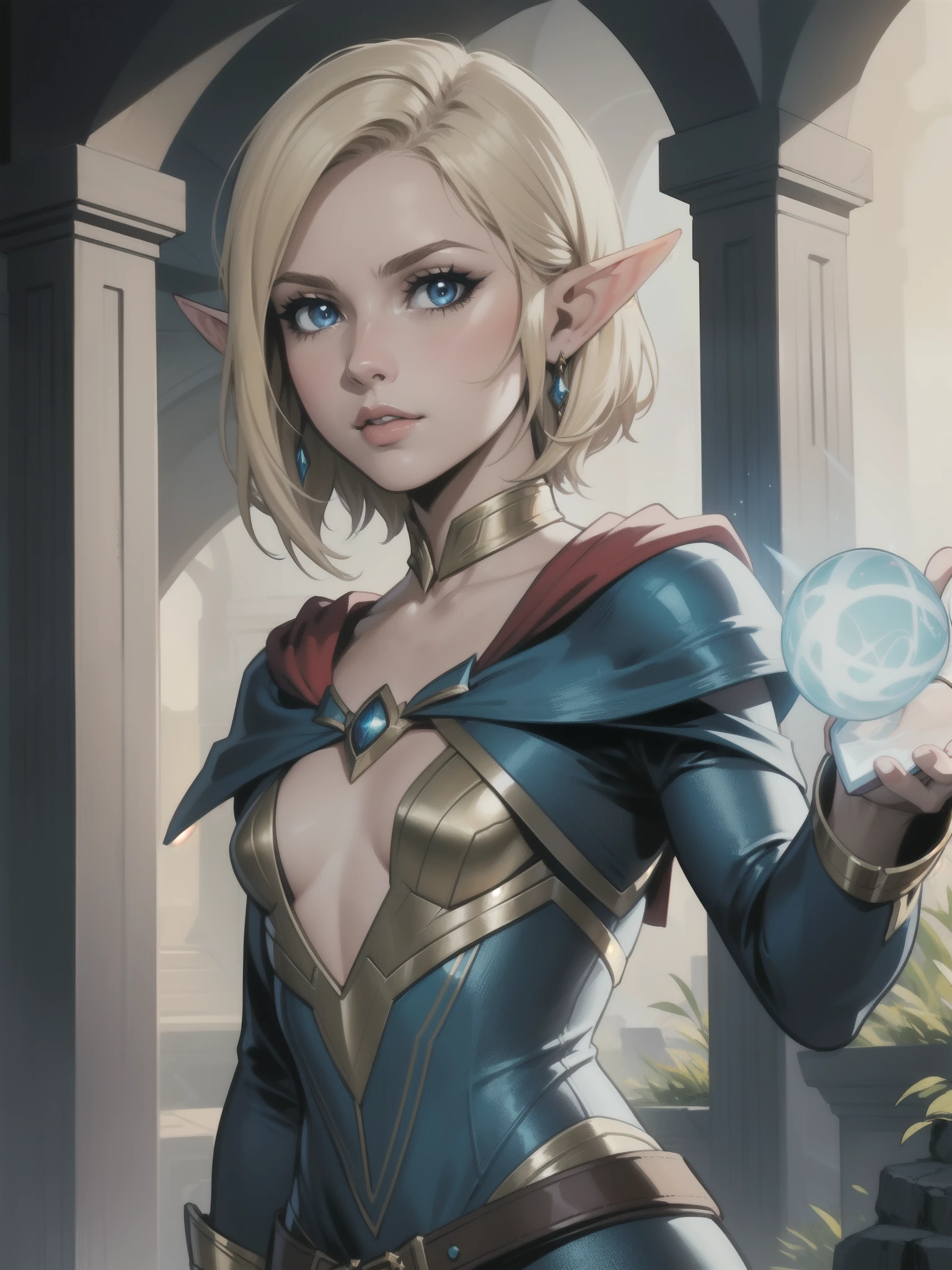 Portrait, Masterpiece, Excellent, 1girl, solo, complex details, color diffusion, comic book, anime, marvel, DC, close-up shot, fair skin, elven female, young female, small chest, small frame, elf ears, blonde hair, short hair, blue eyes, epic attire, mage attire, sorceress, cute, Elven mage, Sci-Fi, Fantasy