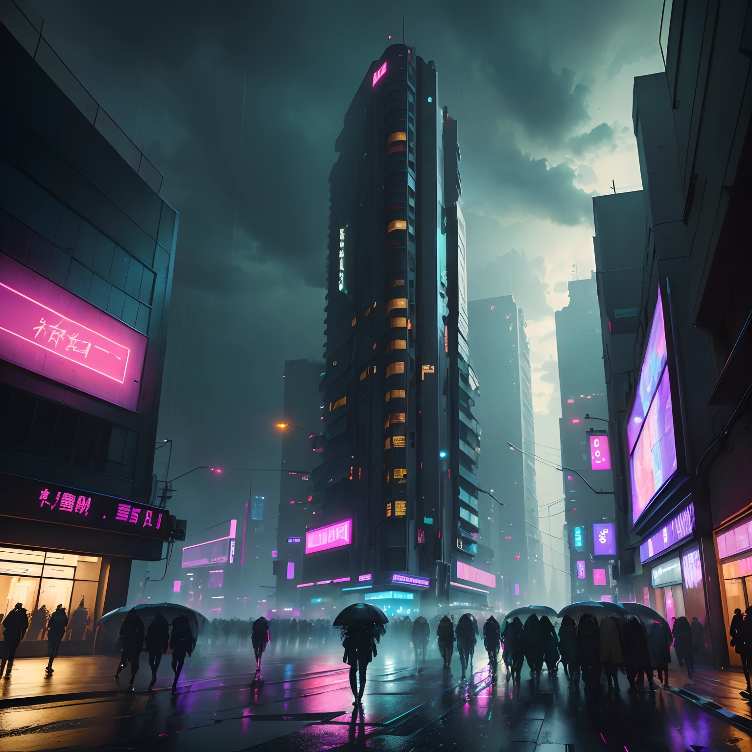 People walking on the streets of the city with umbrellas at night々, in a futuristic cyberpunk city, busy cyberpunk metropolis, cyberpunk city street, rainy cyberpunk city, hyper realistic cyberpunk city, in the cyberpunk city, sci-fi cyberpunk city street, Futuristic cyberpunk scenarios, hyper-realistic cyberpunk style, cyberpunk vibe, Cyberpunk cityscape, Cyberpunk in Cyberpunk City, cyberpunk street, cyberpunk art style