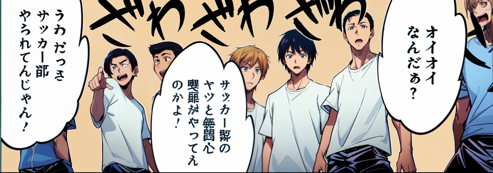 a anime of a boys manga, talking, short pants, text manga, color manga, manga color, color manga, color manga panel, simple background
