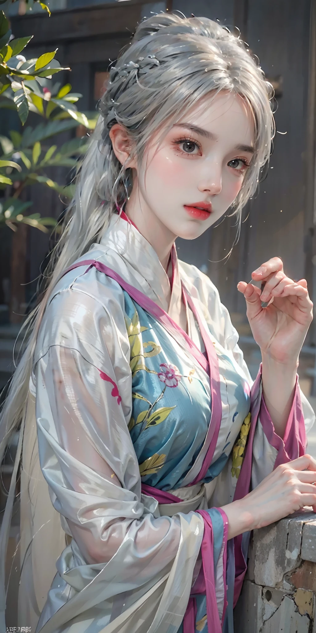 photorealistic, high resolution, soft light,1women, solo, hips up, (detailed face), silver hair, ru_qun, colorful hanfu tattoo, jewelry