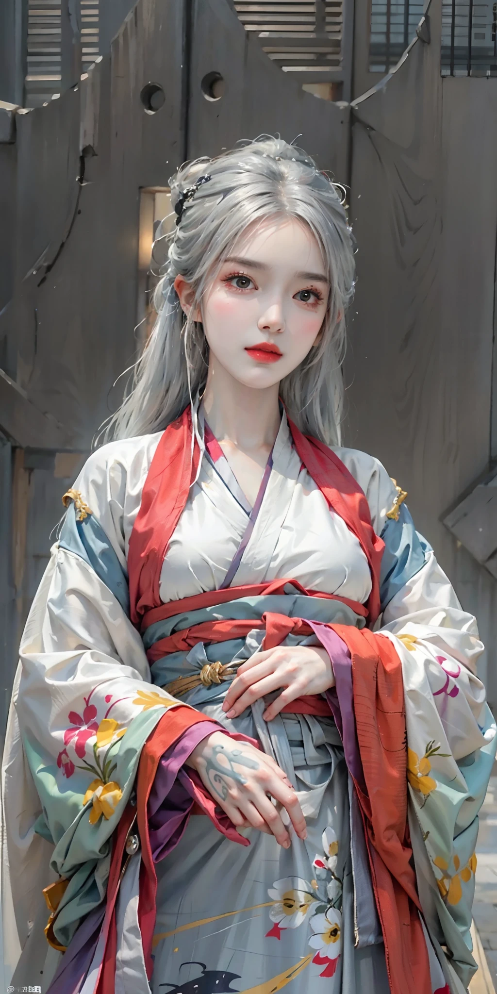 photorealistic, high resolution, soft light,1women, solo, hips up, (detailed face), silver hair, ru_qun, colorful hanfu tattoo, jewelry