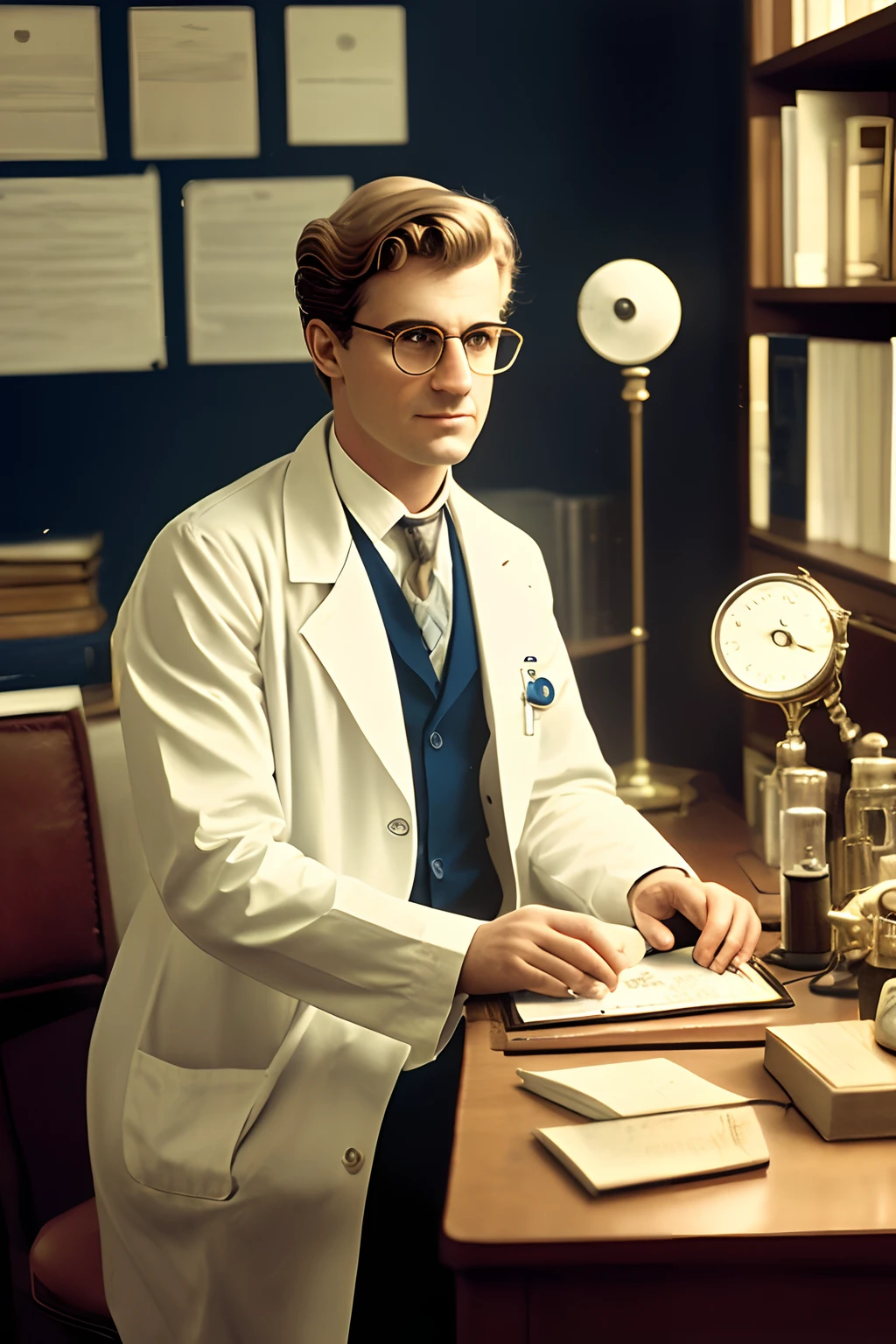 Here's your prompt:

You're in a doctor's office in the year 1920. The place is decorated with dark wood furniture and bookshelves filled with old books. A young doctor, com cerca de 25 anos, is sitting behind a solid oak table. He has blonde hair tucked back and wears a pair of thick-framed glasses, Referring to the time.

The doctor is dressed in a traditional white doctor's outfit, com mangas compridas e gola alta. His lab coat is adorned with gold buttons and he wears a bow tie. O tecido da roupa tem um aspecto desgastado, suggesting that it has been used for some time.

Around the office, there are ancient medical instruments, as metal stethoscopes, glass syringes and vials with coloured liquids. Um telefone preto fica sobre a mesa, indicating the importance of communications in this era.

The doctor seems calm and confident, readily available to serve your patients. He has an upright posture and his facial expression conveys seriousness and professionalism. The environment is illuminated by a desk lamp with a yellowish light, Intensifying the nostalgic atmosphere.

In this scenario, You can imagine a variety of stories unfolding – from treating common ailments, such as flu and infections, even more complex and mysterious cases. the doctor, com seu conhecimento e habilidades, is ready to face any challenge in the practice of medicine in the 1920s.