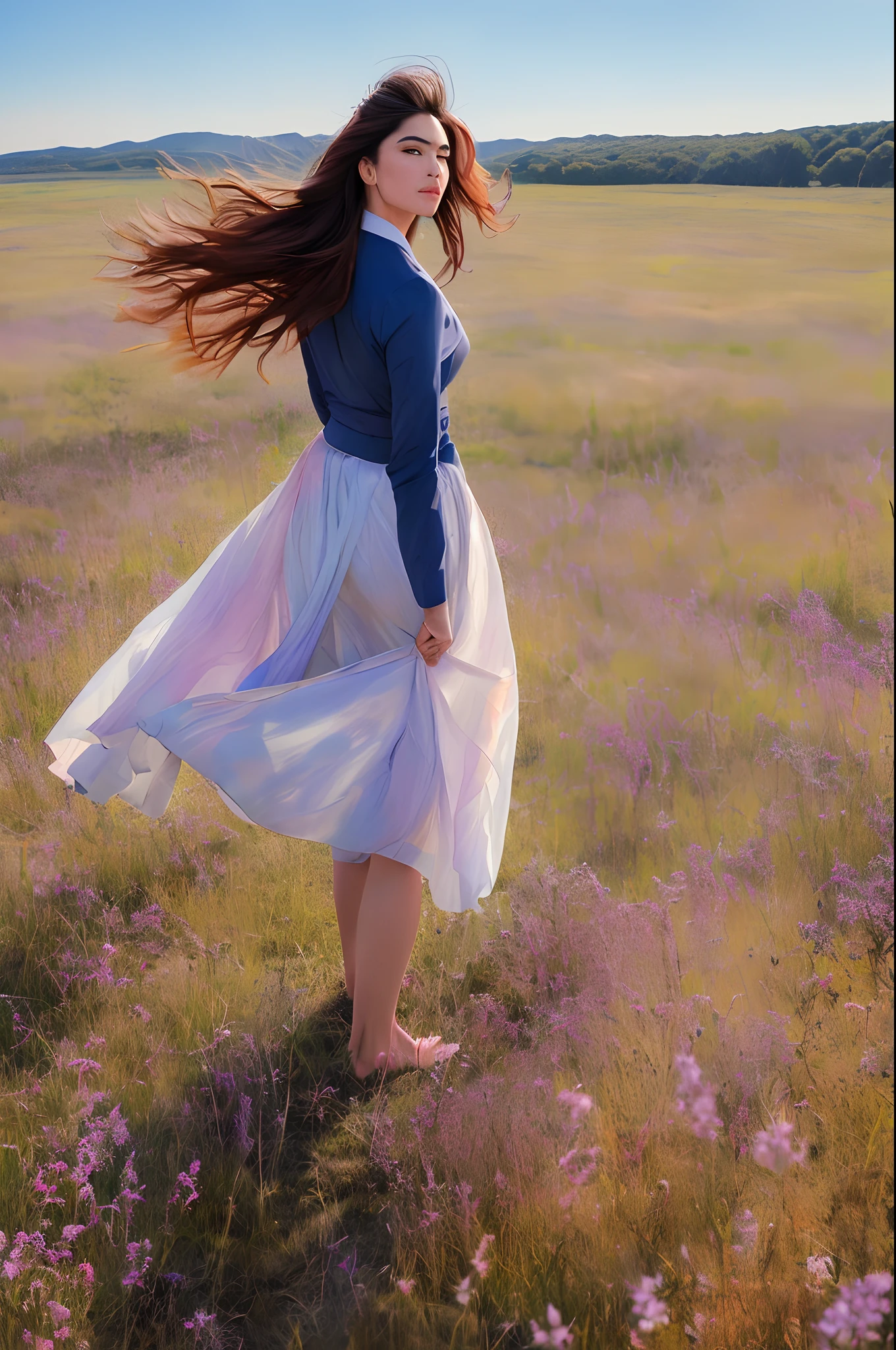 taken from behind, highly-detailed, standing straight up pose, dynamic pose, teacher uniform, random color hair ,wind blowing hair flying, in a dreamlike setting, in tall long wildflower field, painted in impressionist style, brushstroke painting technique, palette knife painting,