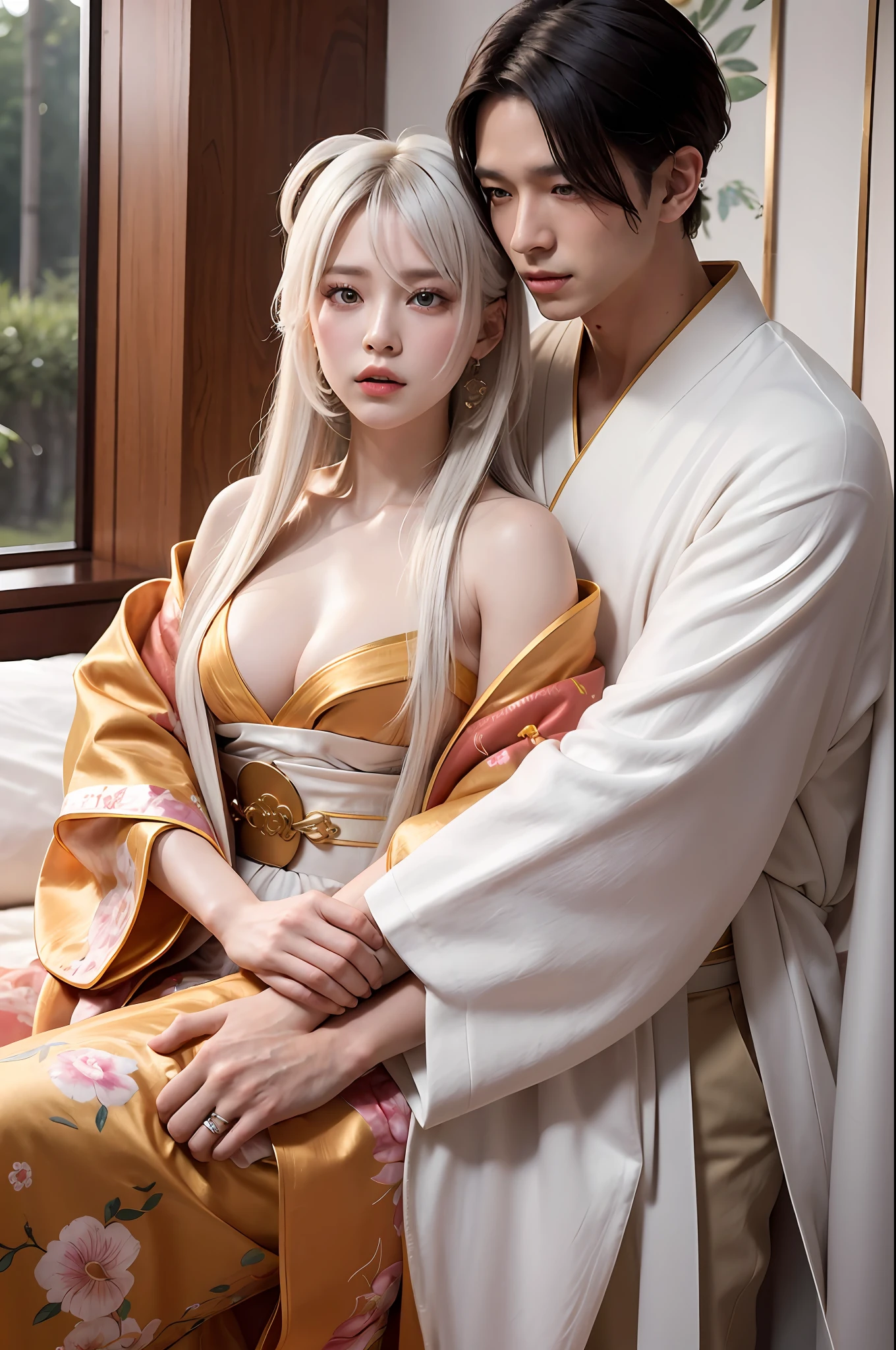 Concept Art, "1 Couple, Male Focus, Fin Ears, Multicolored Hair, Handsome Boy, Long White Hair, Tassels, Bangs, Carp, Colorful, Bold Colors, White Kimono, (Open) Kimono, Traditional Chinese Clothing, Close-up, Intimate Interaction in Bed, Stud Earrings, Rings, Sweat, Illuminate People", Colorful, Master Composition, Focus on Key Figures, Realism, Masterpiece, Award-Standing, Best Quality, Masterpiece, Ultra Detailed, 8K, Extremely Detailed CG Unity 8k wallpaper, complex, highly detailedrealistic