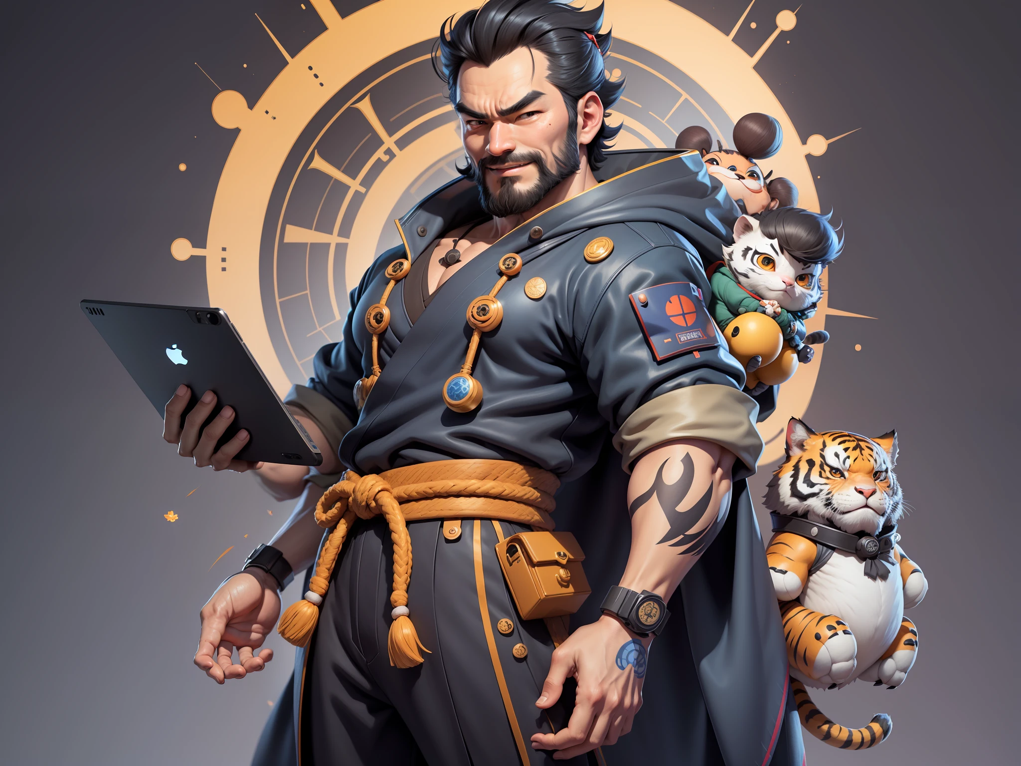 (Daisaku),(Need),(Super meticulous),(full bodyesbian:1.2),Super young man with Japanese geisha,Beautiful,orient,one tiger,Aeolian Thor,Raised sexy,爆乳,Oriental face,TV Anchor,Bust portrait illustration,In black suit,a blue tie,The face is slightly chubby,The face was clean,without a beard,Black super short hair,Black eyes,Smile confidently,3C computer sub-products,iPad, iphone,Digital painting,3D character design by Mark Clairen and Pixar and Hayao Miyazaki and Akira Toriyama,The illustration is a high-definition illustration in 4K resolution,With very detailed facial features and cartoon-style visuals。