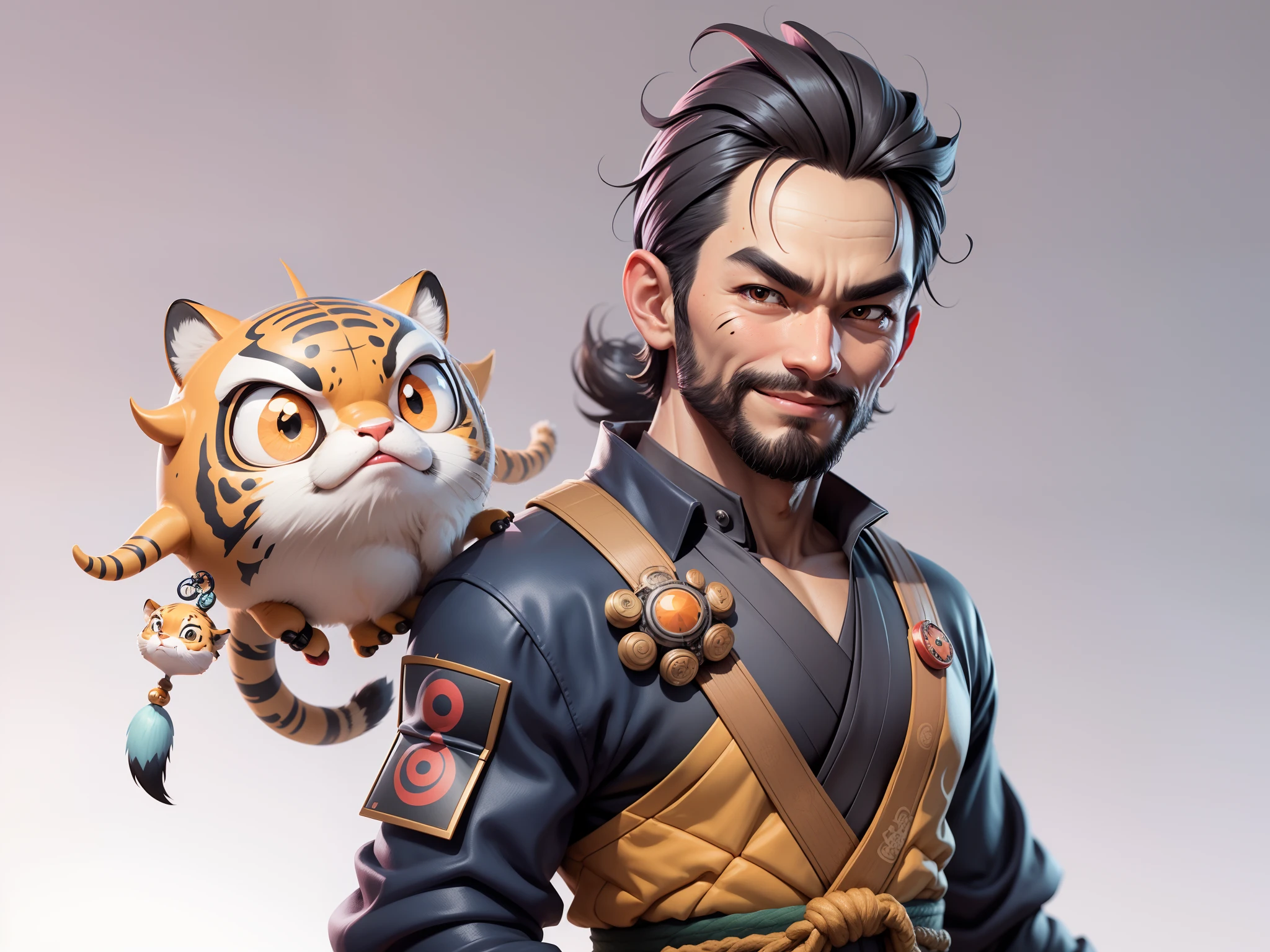 (Daisaku),(Need),(Super meticulous),(full bodyesbian:1.2),Super young man with Japanese geisha，Beautiful，orient，one tiger，Aeolian Thor，Raised sexy，爆乳，Oriental face，TV Anchor，Bust portrait illustration，In black suit，a blue tie，The face is slightly chubby，The face was clean，without a beard，Black super short hair，Black eyes，Smile confidently，3C computer sub-products，iPad， iphone，Digital painting，3D character design by Mark Clairen and Pixar and Hayao Miyazaki and Akira Toriyama，The illustration is a high-definition illustration in 4K resolution，With very detailed facial features and cartoon-style visuals。