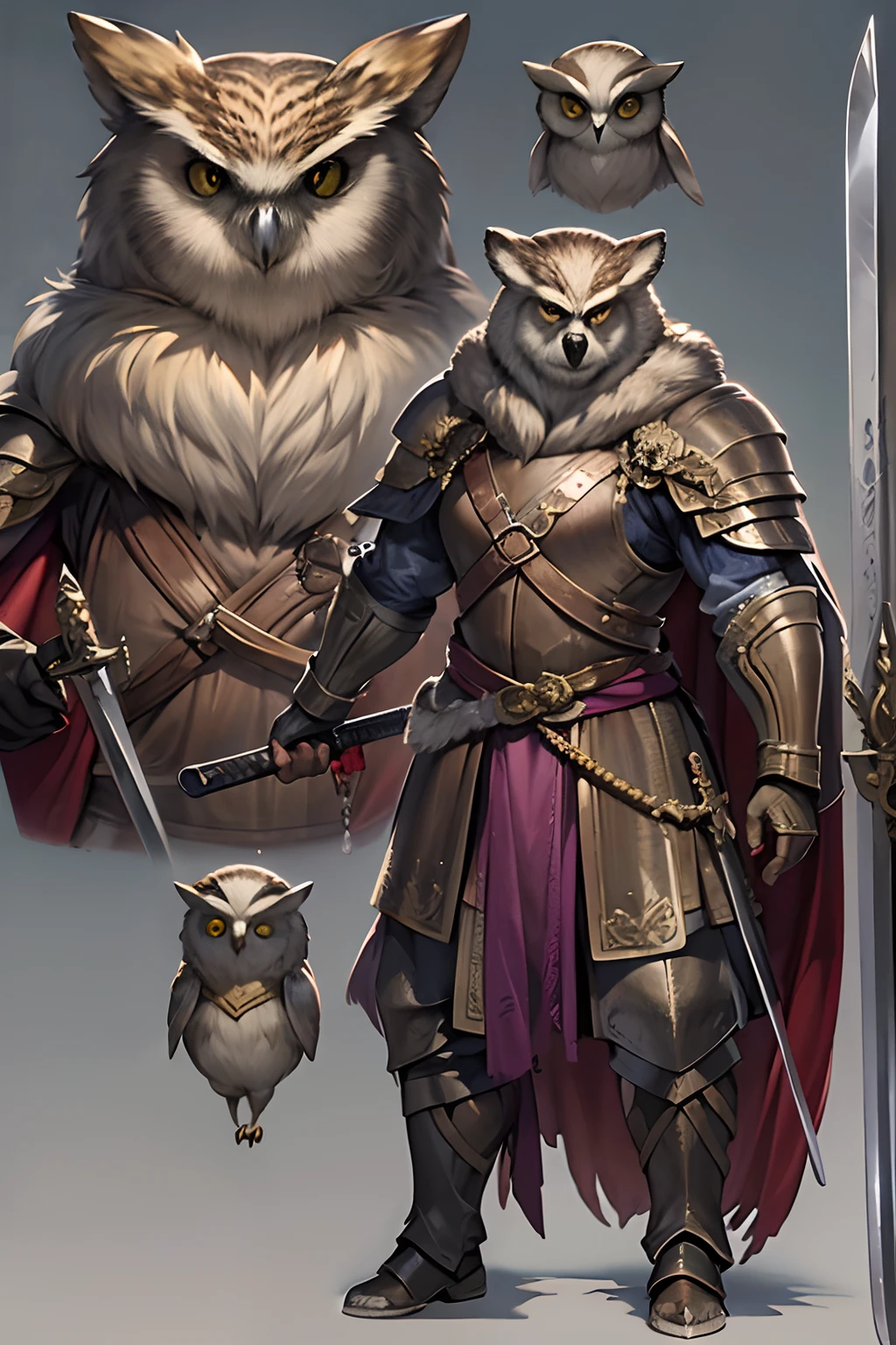 Um paladino, 38 anos, cabelo grisalho, 1,85 de altura, medium armor, with a long sword and a large two-handed sword , and with a cape that shows the skin of an owl bear