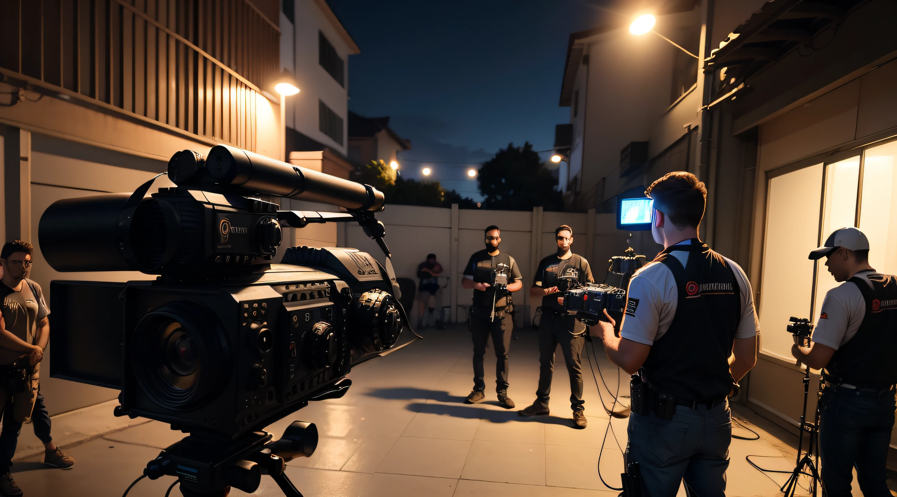 filmando uma cena no exterior, operador de camera, equipe de som, lighting team, 8k, Hiper realista, alta resolução, alto detalhe