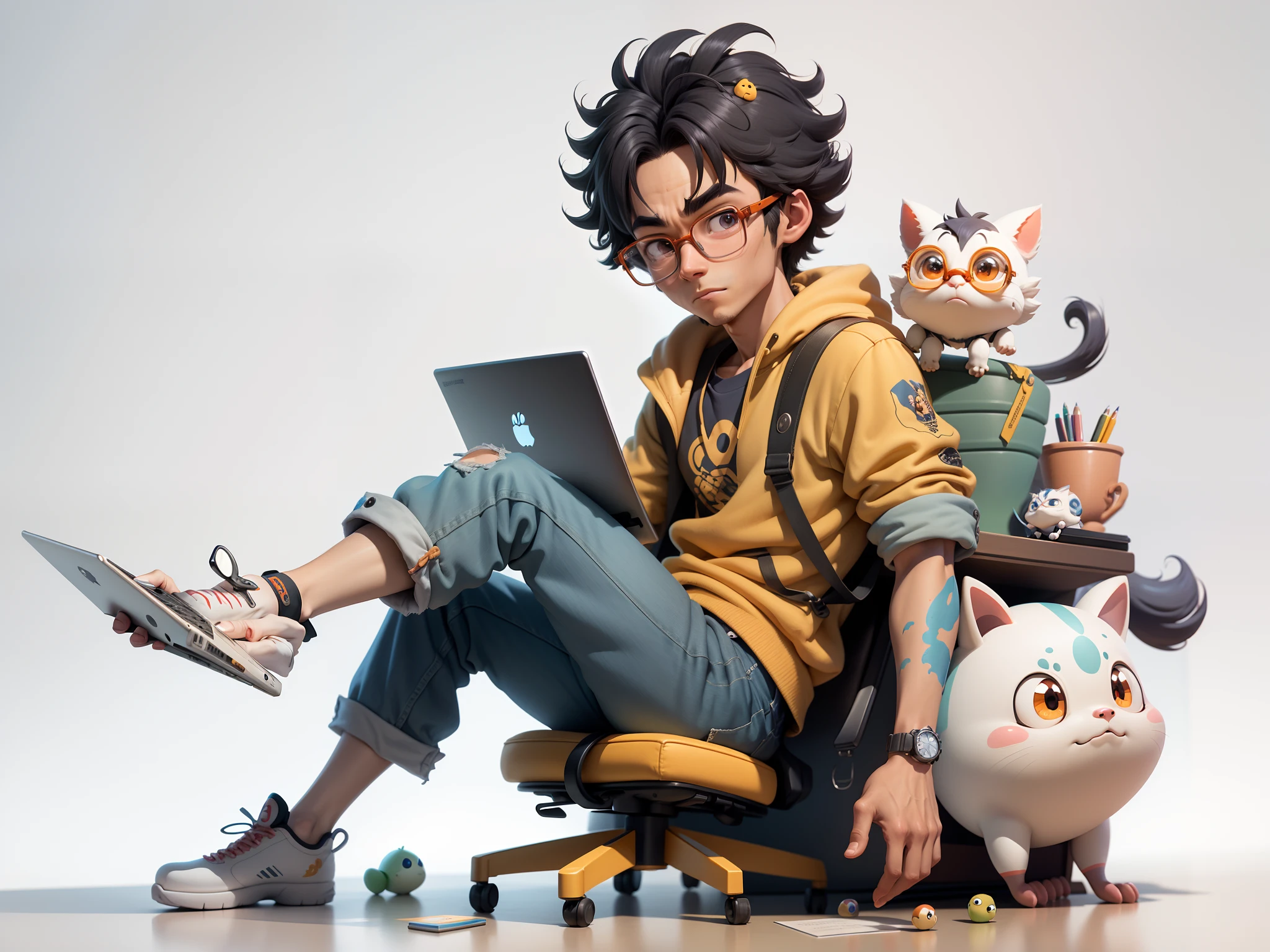 A young man with glasses sits at his desk，holding laptop，digitial painting，3D character design by Mark Clairen and Pixar and Hayao Miyazaki and Akira Toriyama，4K HD illustration，Very detailed facial features and cartoon-style visuals。