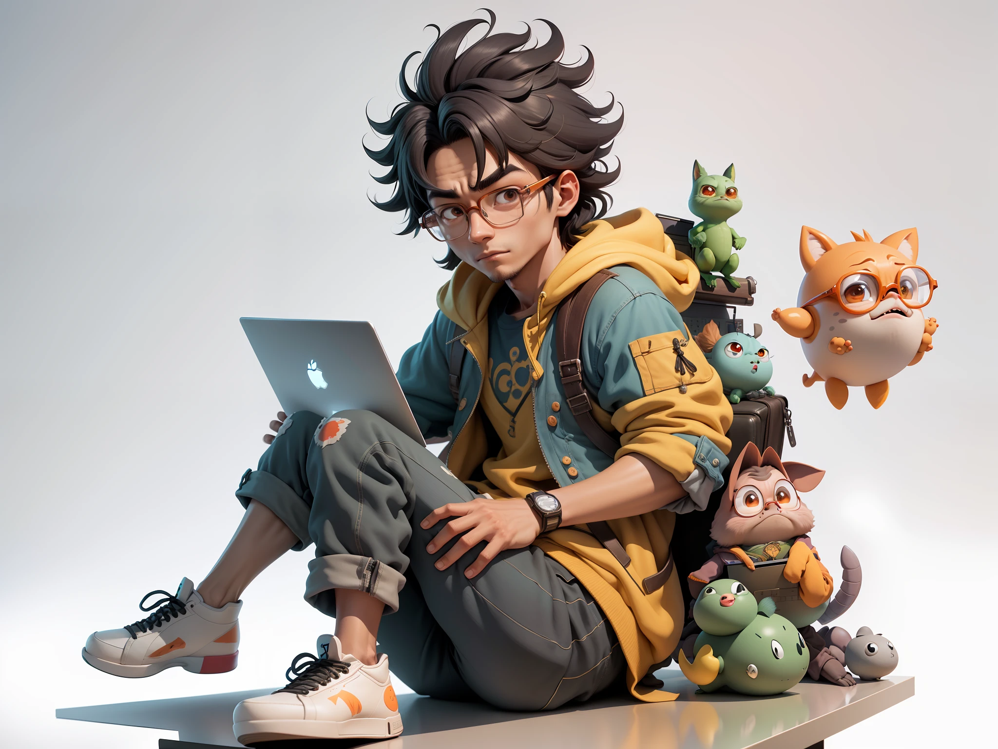 A young man with glasses sits at his desk,holding laptop,digitial painting,3D character design by Mark Clairen and Pixar and Hayao Miyazaki and Akira Toriyama,4K HD illustration,Very detailed facial features and cartoon-style visuals。