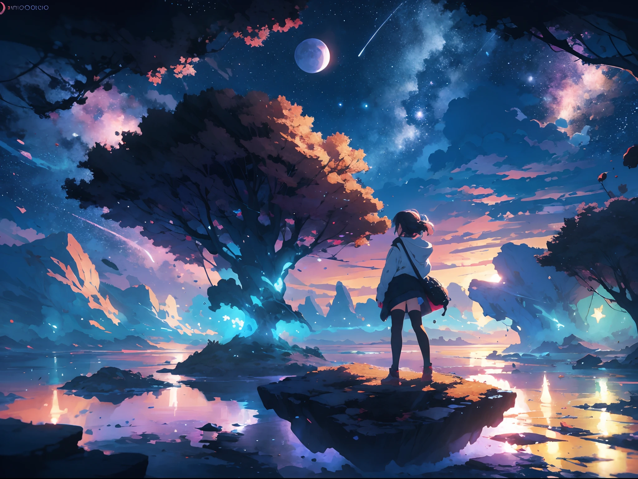 anime girl standing on a rock looking at a star filled night sky, makoto shinkai cyril rolando, anime art wallpaper 4k, anime art wallpaper 4 k, anime art wallpaper 8 k, by makoto shinkai, inspired by Cyril Rolando, in the style dan mumford artwork, amazing wallpaper, by Yuumei